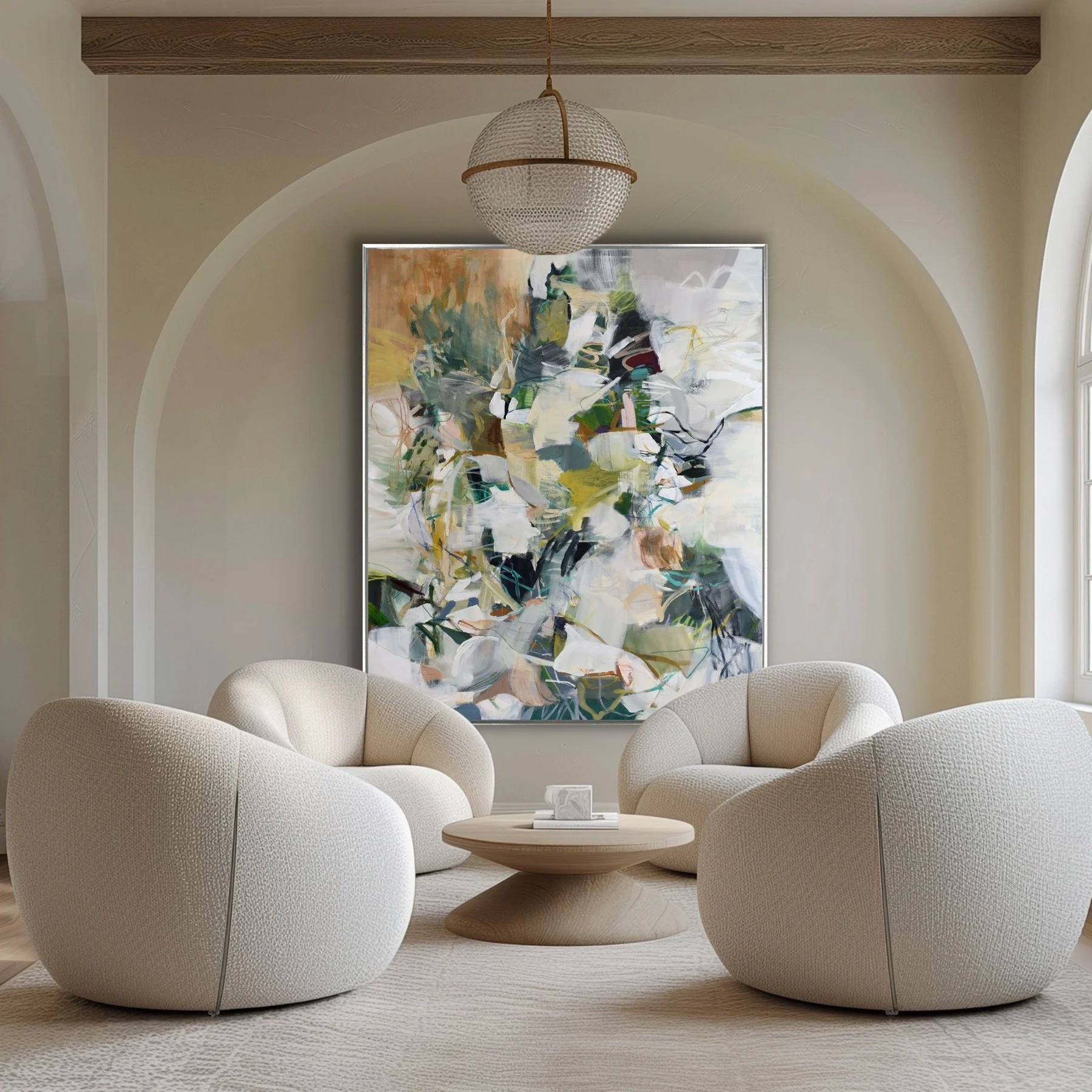 Cat Tesla  72x60 nature-inspired abstract painting in residential setting.JPG