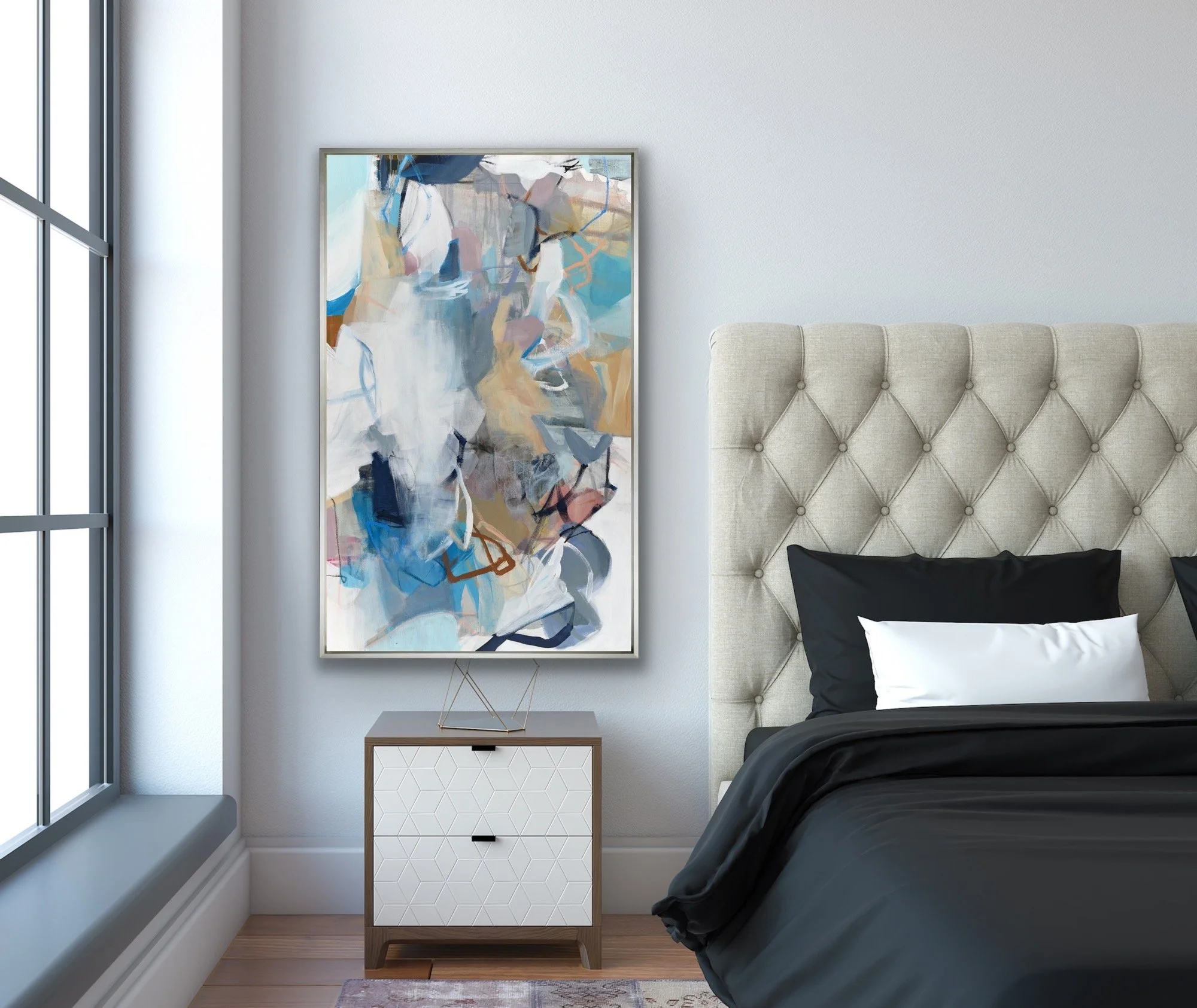 Cat Tesla  48x30 non-objective abstract painting in residential setting.JPG