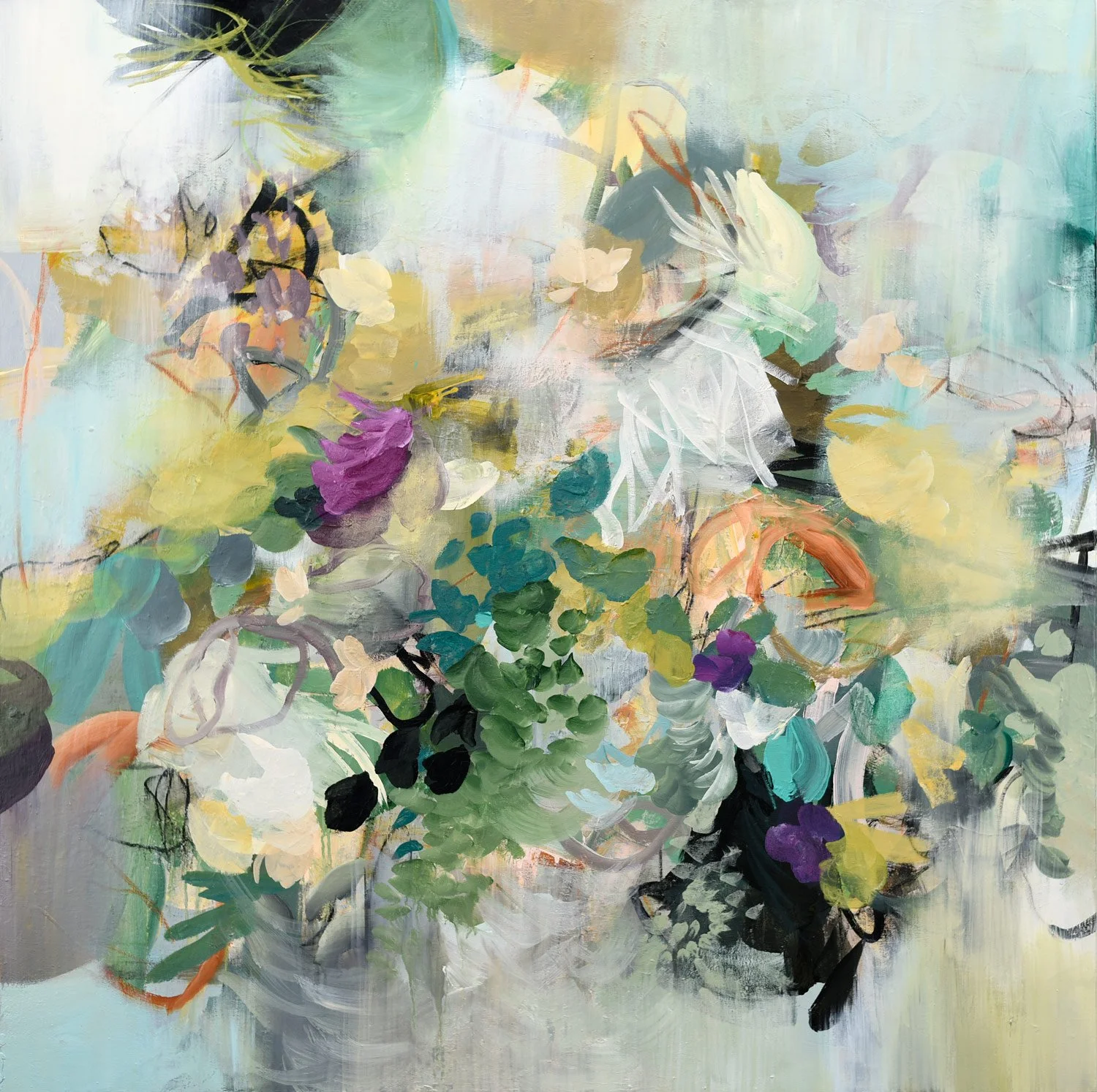 Abstract painting with various colors of green, purple, yellow, black, white, and orange, resembling a floral arrangement.