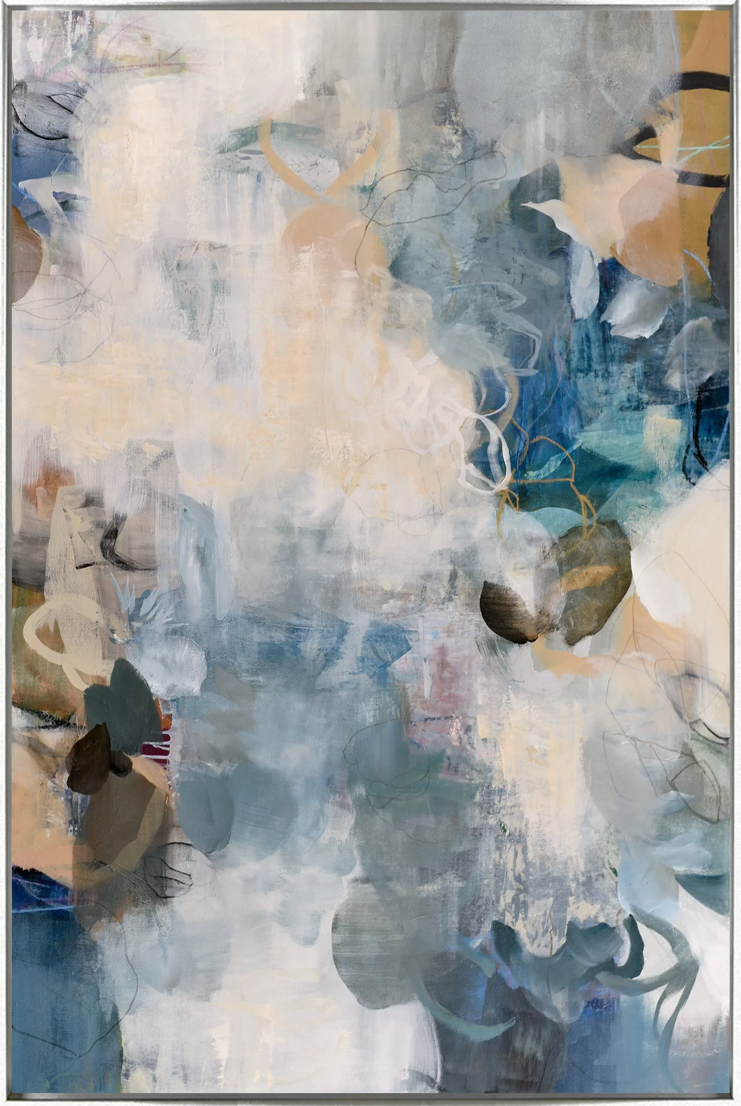 Abstract painting with soft pastel colors including blues, grays, beiges, and whites, featuring swirling and layered brushstrokes with some darker and more defined shapes. Petals, leaves, and branches softly layered.