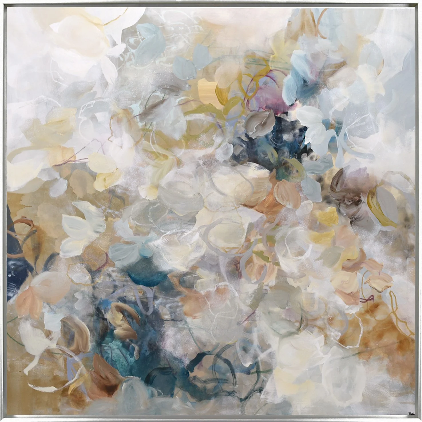 Abstract painting with muted tones of cream, beige, gray, white, blue, and hints of pink and darker shades, resembling floral or natural forms in a soft, flowing style.