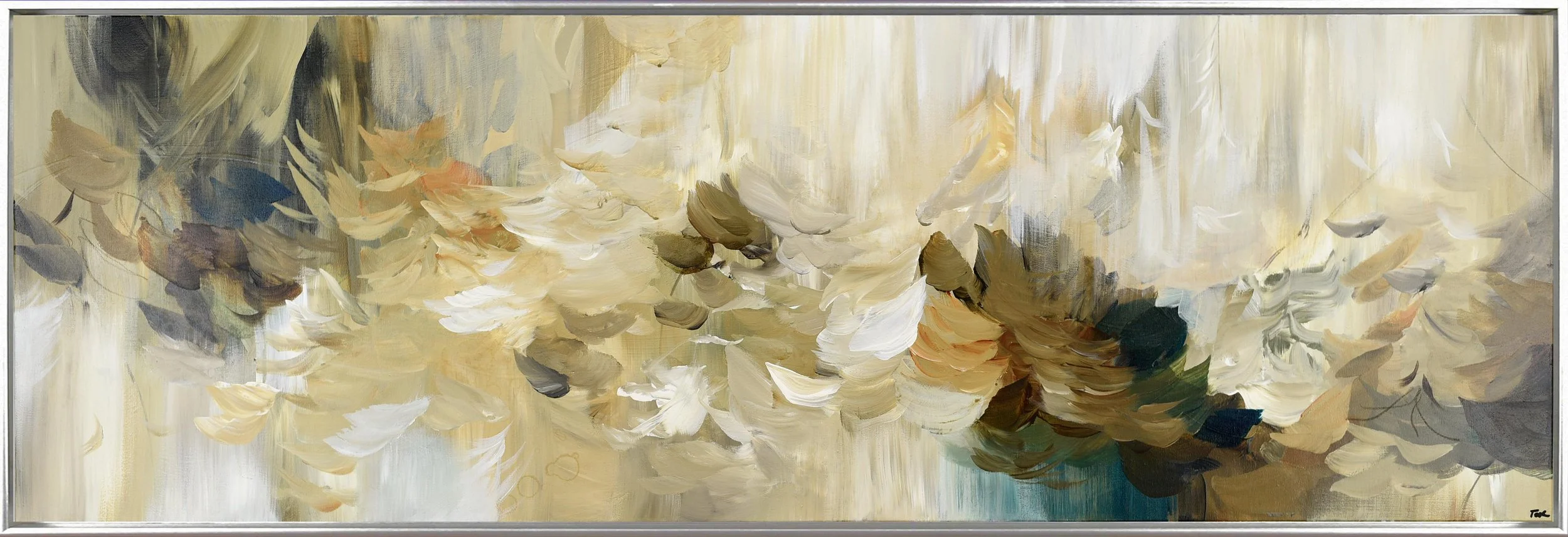 Abstract landscape painting with soft brushstrokes in beige, brown, white, and hints of blue and orange, resembling a natural scene with foliage and water.