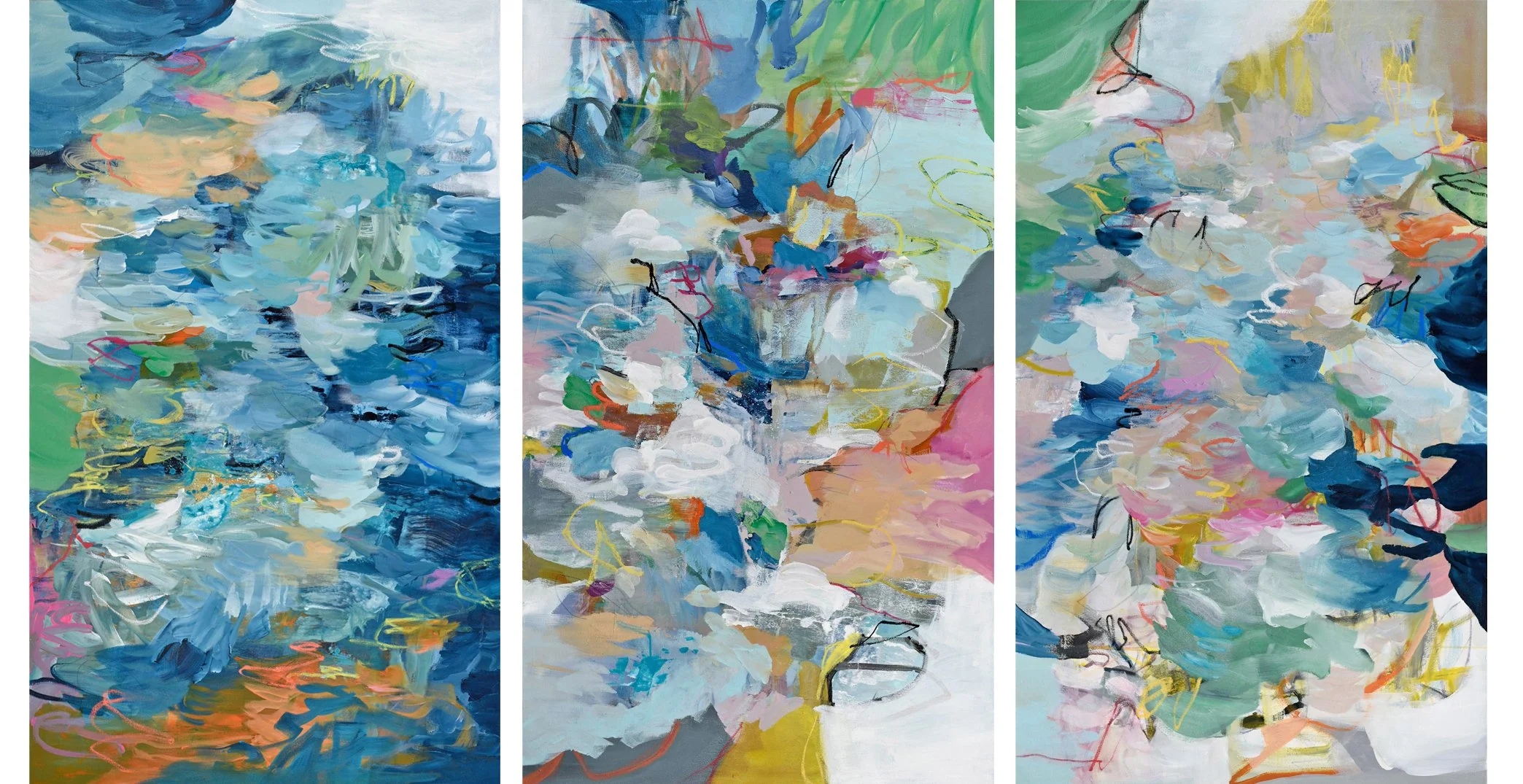 Abstract triptych paintings featuring vibrant brushstrokes in blue, green, pink, yellow, white, and orange colors.
