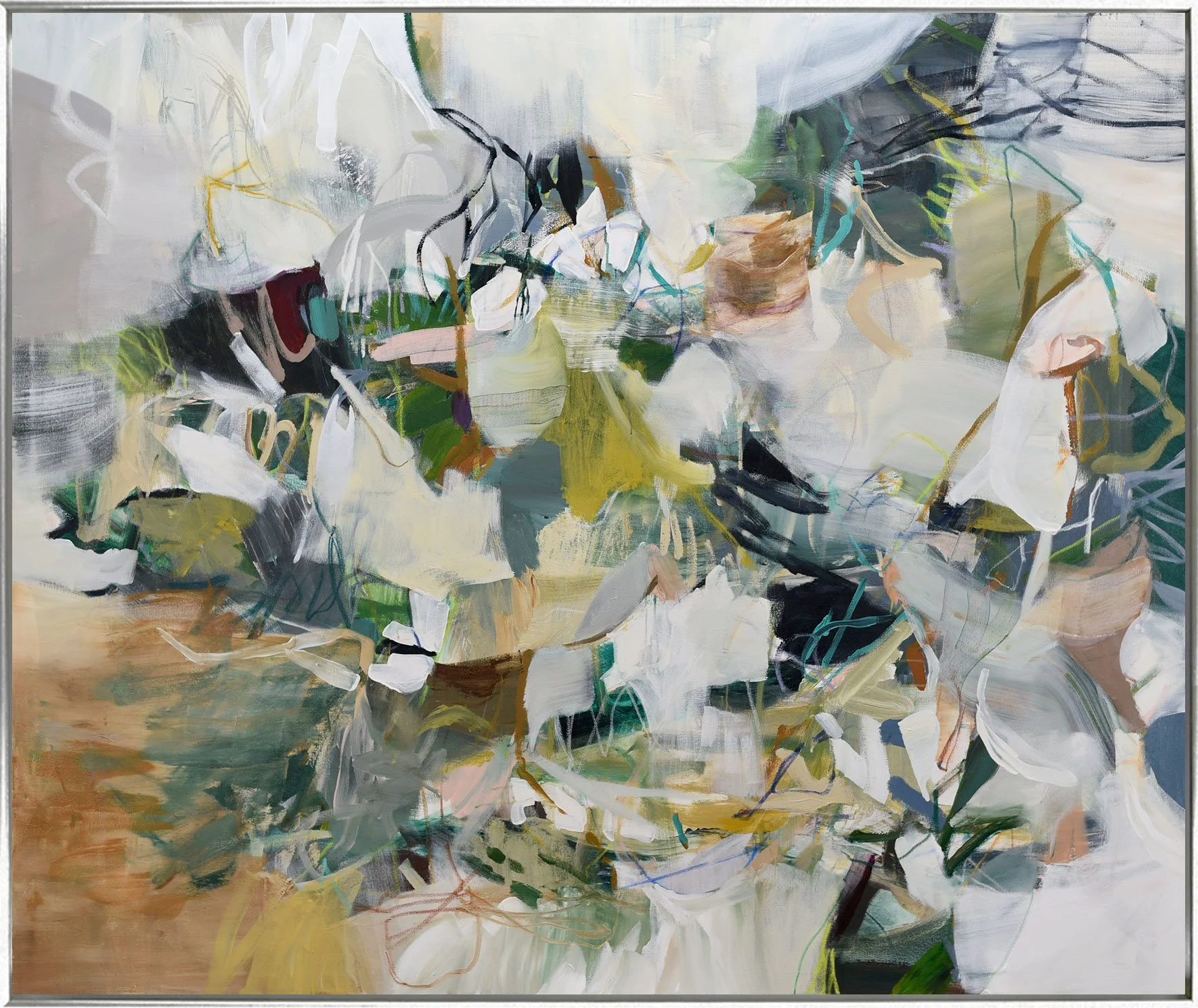 An abstract expressionist painting featuring a mix of soft and bold brush strokes in various colors including white, black, green, yellow, pink, purple, and brown. The composition is dynamic with overlapping shapes and lines representing a chaotic, l