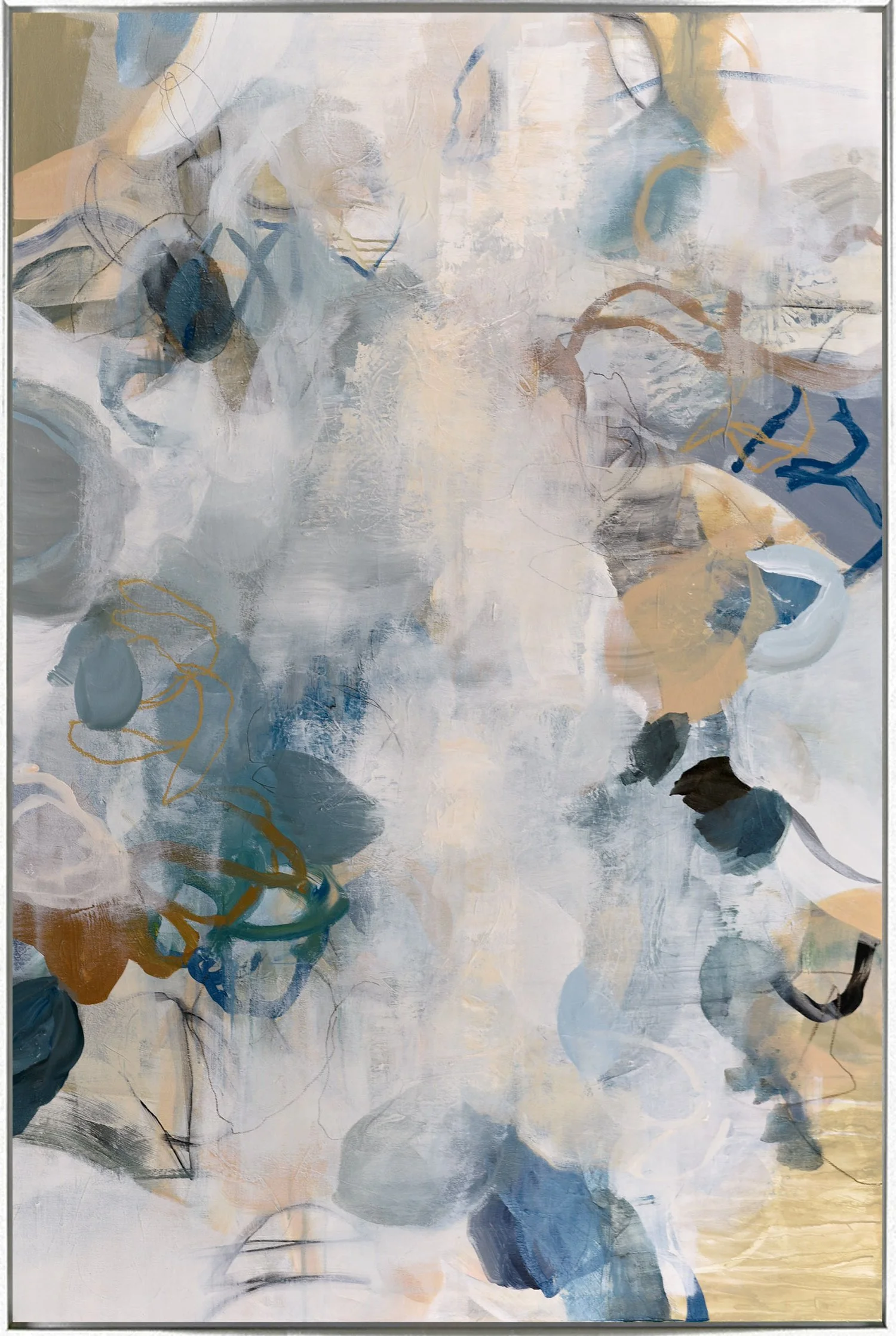 Abstract painting with swirls of blue, gray, beige, white, and black colors, featuring loose brushstrokes and layered textures. Petals, leaves, and branches softly layered.