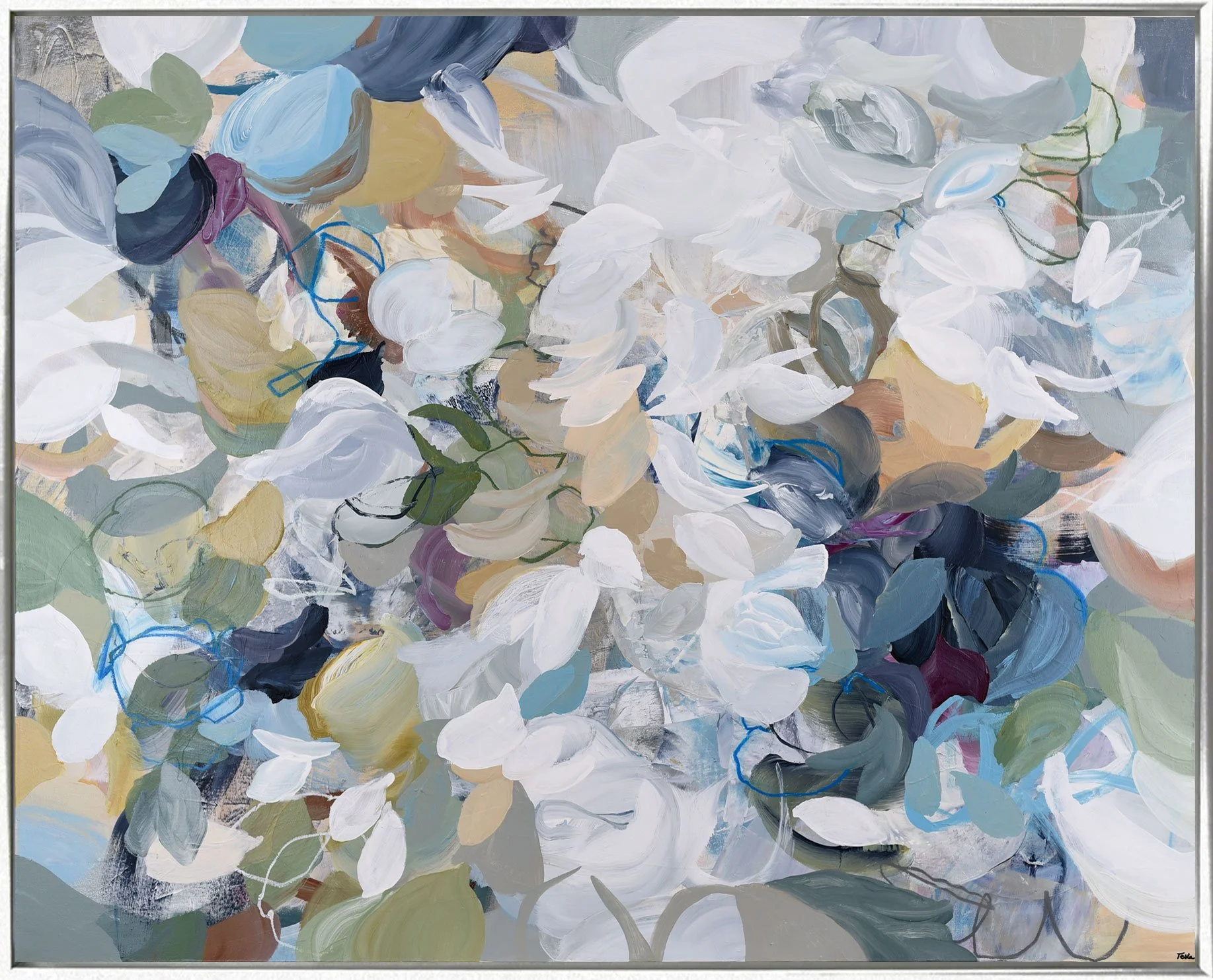 Abstract painting with white, green, beige, blue, and purple brushstrokes resembling leaves and petals.