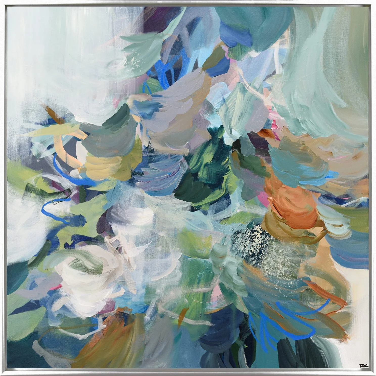 Abstract floral painting with various pastel colors, brushstrokes of white, blue, green, orange, and pink, and textured black and white details.