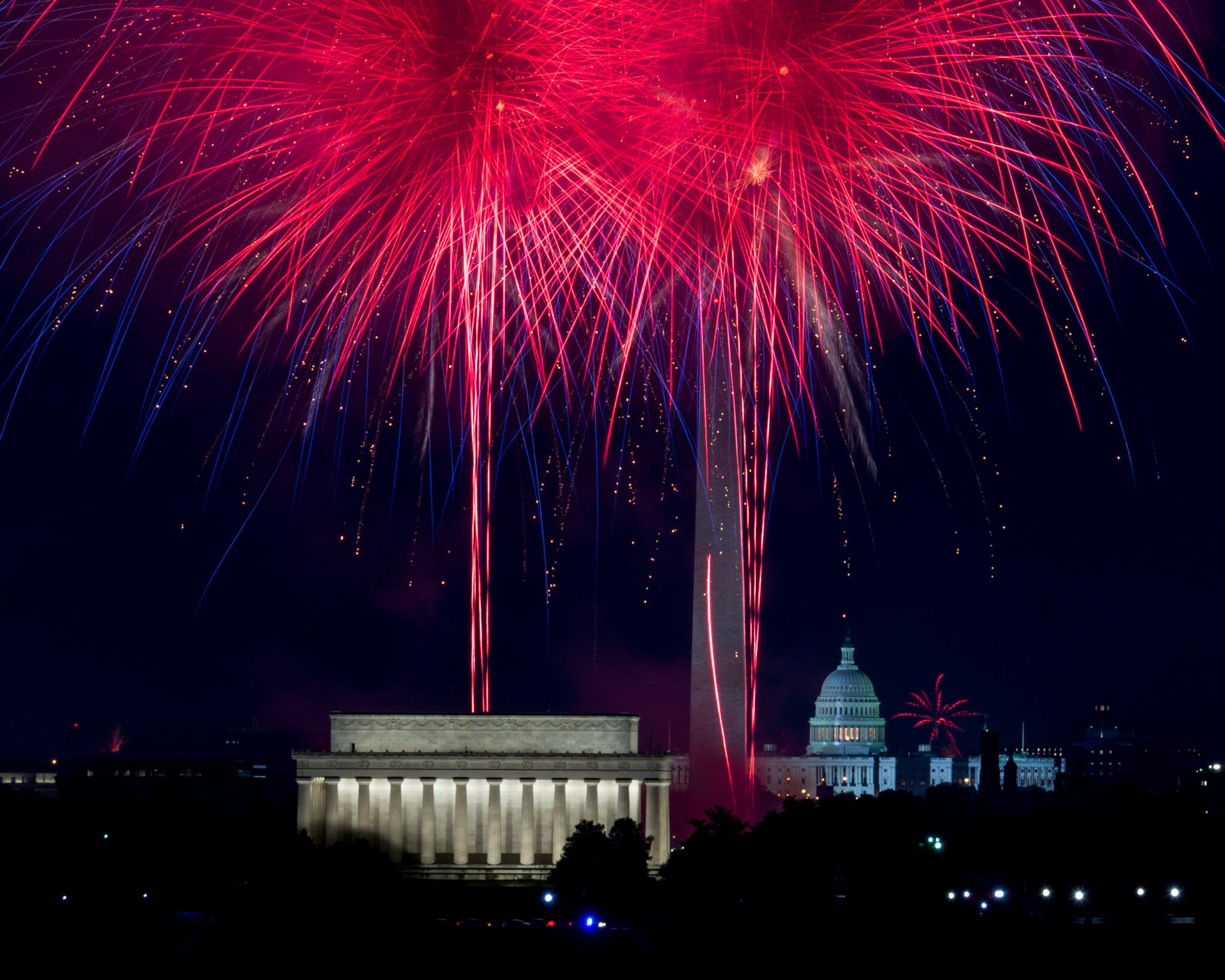 Lincoln Memorial, Washington Monument and US Capitol in Fireworks, Washington, DC