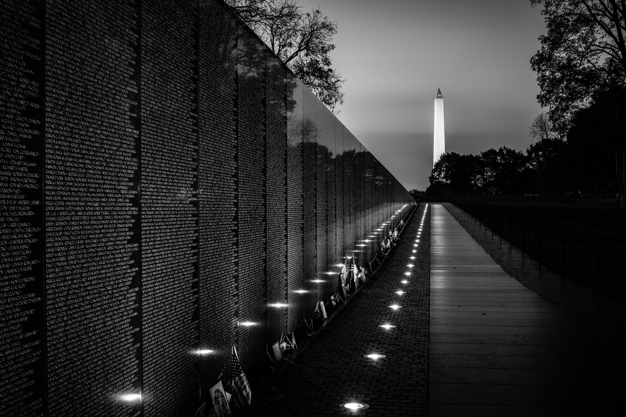 Vietnam Veterans Memorial and Washington Monument at Night, Washington, DC