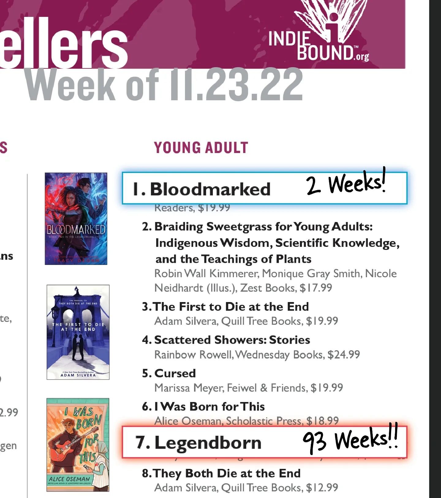 BLOODMARKED is a #1 Indie Bestseller for a second week in a row AND on the NYT at #3!! And my first book baby, LEGENDBORN, is on her ✨93rd✨ week on the Indie list at #7!

💙🥰❤️

Thank you, everyone, for your support of me and Bree. I have been trave