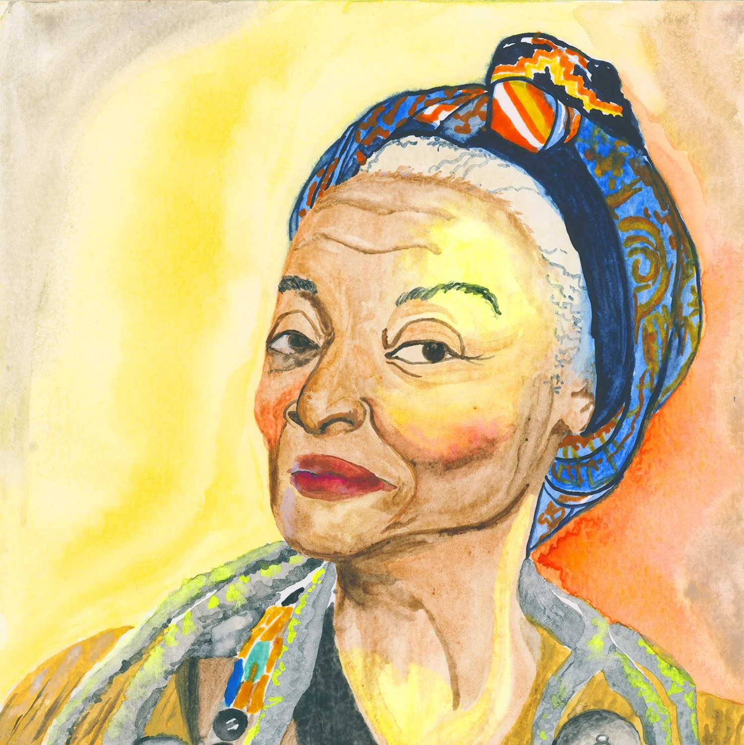 Watercolor portrait illustration of Faith Ringgold