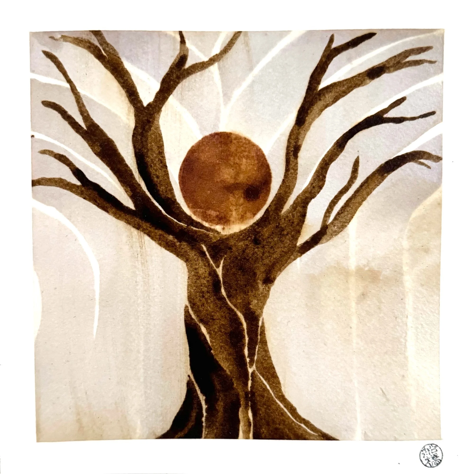 Original artisanal ink painting of a bare winter tree in black walnut ink with a pokeberry moon caught in its branches. Luminous grey ground.