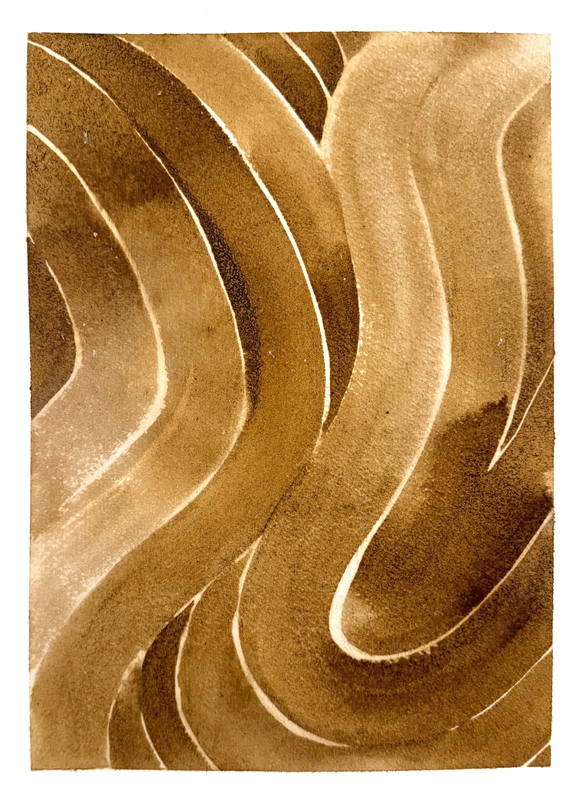 Original abstract artisanal ink painting of flowing S-curves in warm acorn and sepia ink. Clean, meditative mark-making.