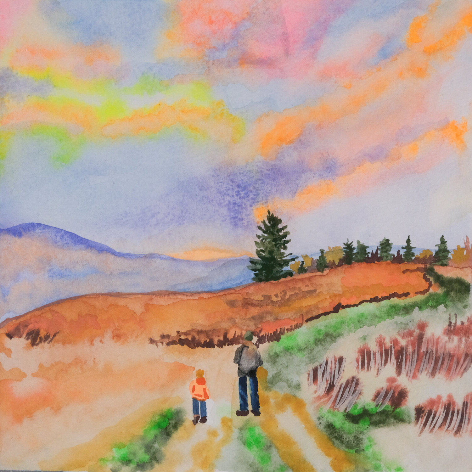 96/100 Abstract Original Watercolor Painting 6"x6", title, Ben & Boys in VT