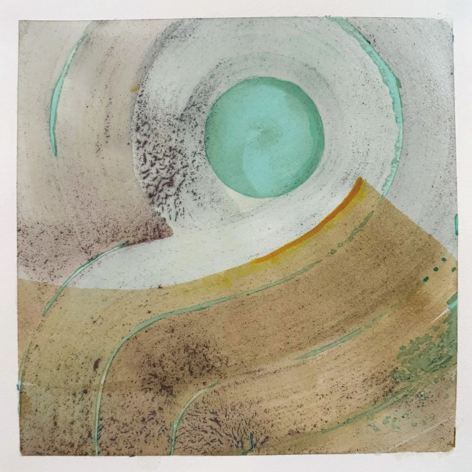 Original artisanal ink painting of a rolling hill beneath a teal moon with a soft halo, copper oxide and acorn ink.