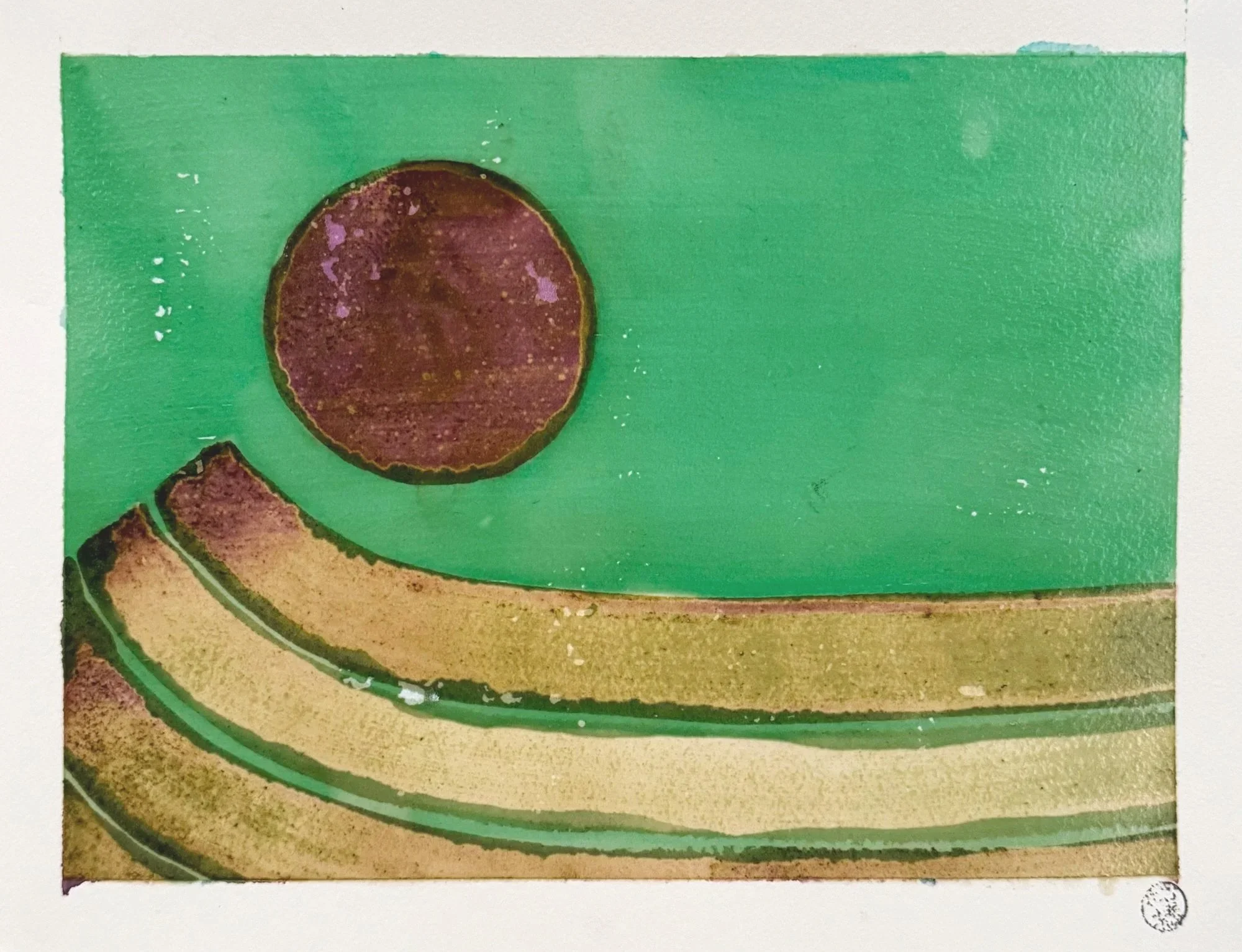 Original artisanal ink painting of a pokeberry moon over a bright green field with a curving wave horizon.