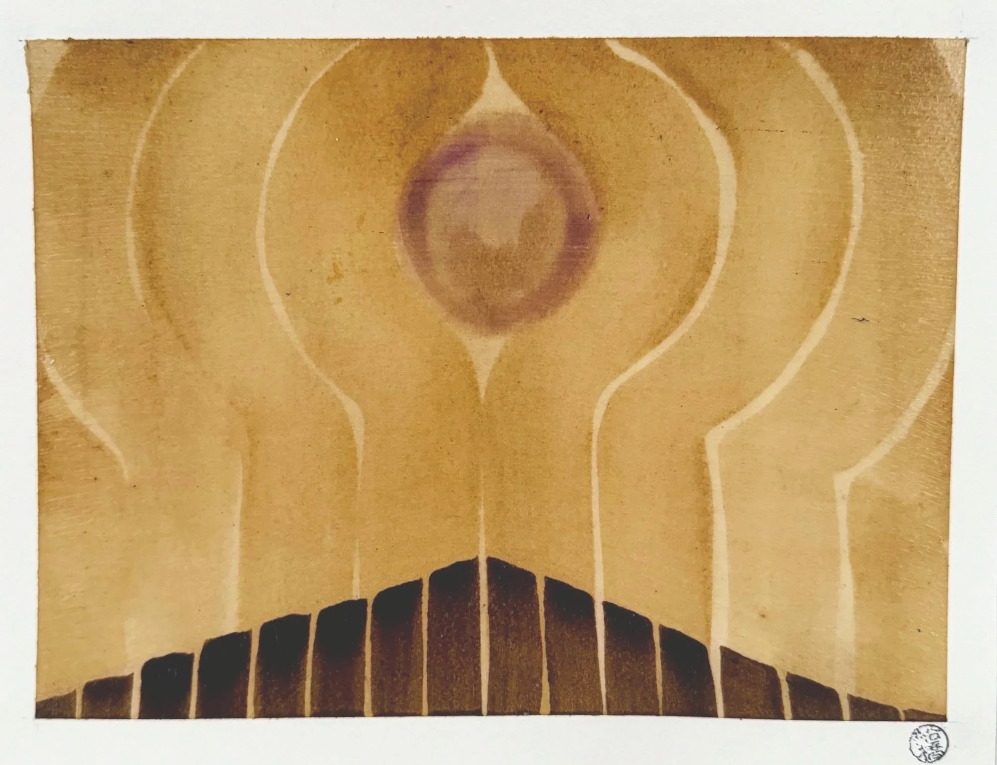 Original artisanal ink painting of a symmetrical arch with a pokeberry sun on a warm golden ground, black walnut ink.