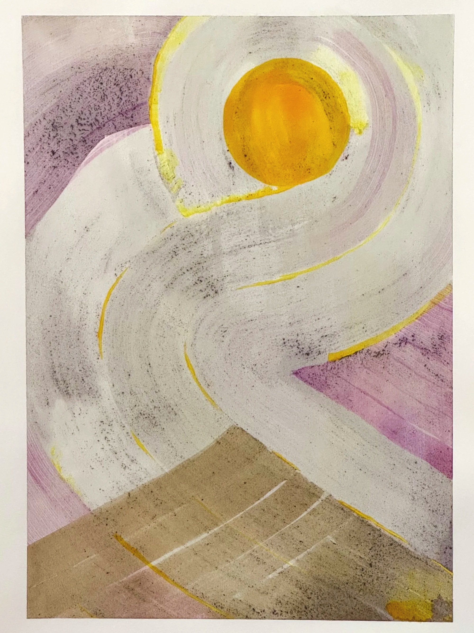 Original artisanal ink painting of an abstract spiral sun in turmeric and porcelain berry ink over a layered landscape.