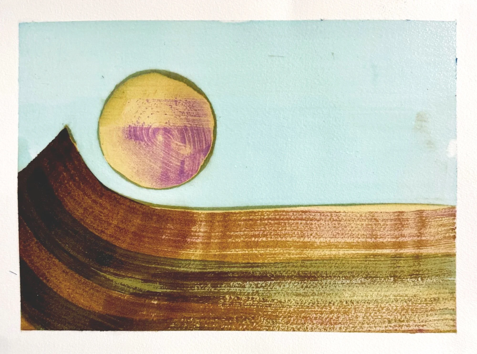 Original artisanal ink painting of a cresting wave beneath a pokeberry moon on a blue-green ground, copper oxide ink.