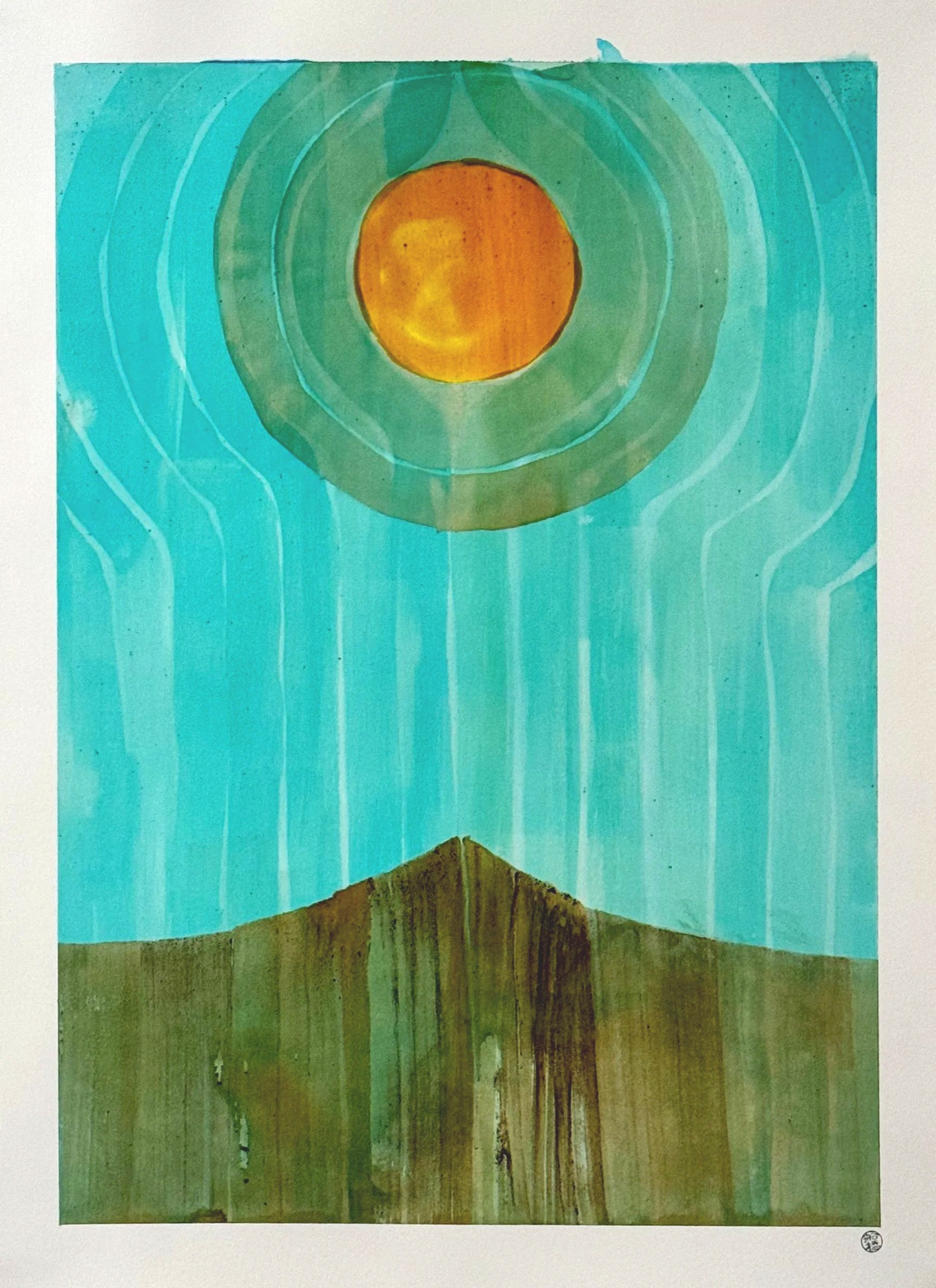 Original artisanal ink painting of a radiant copper oxide sun with teal halos over a dark mountain peak. Teal and acorn ink ground.