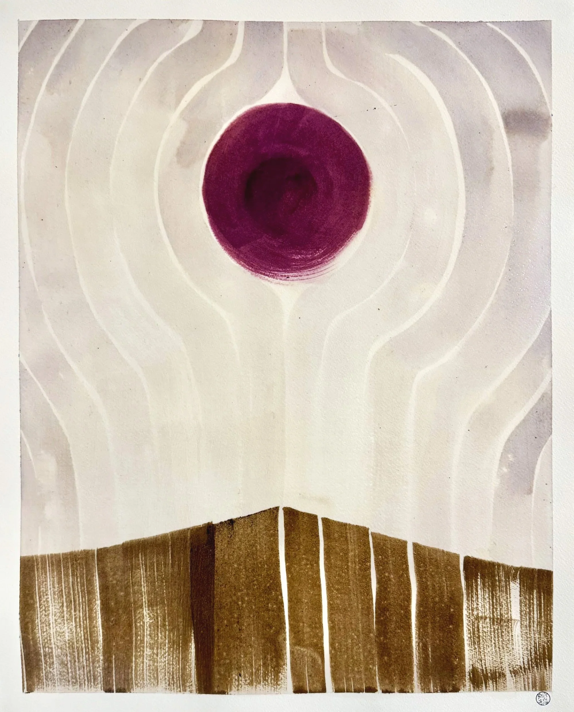 Original artisanal ink painting of a pokeberry moon rising over a dark mountain with radiating light. Black walnut and pokeberry ink.