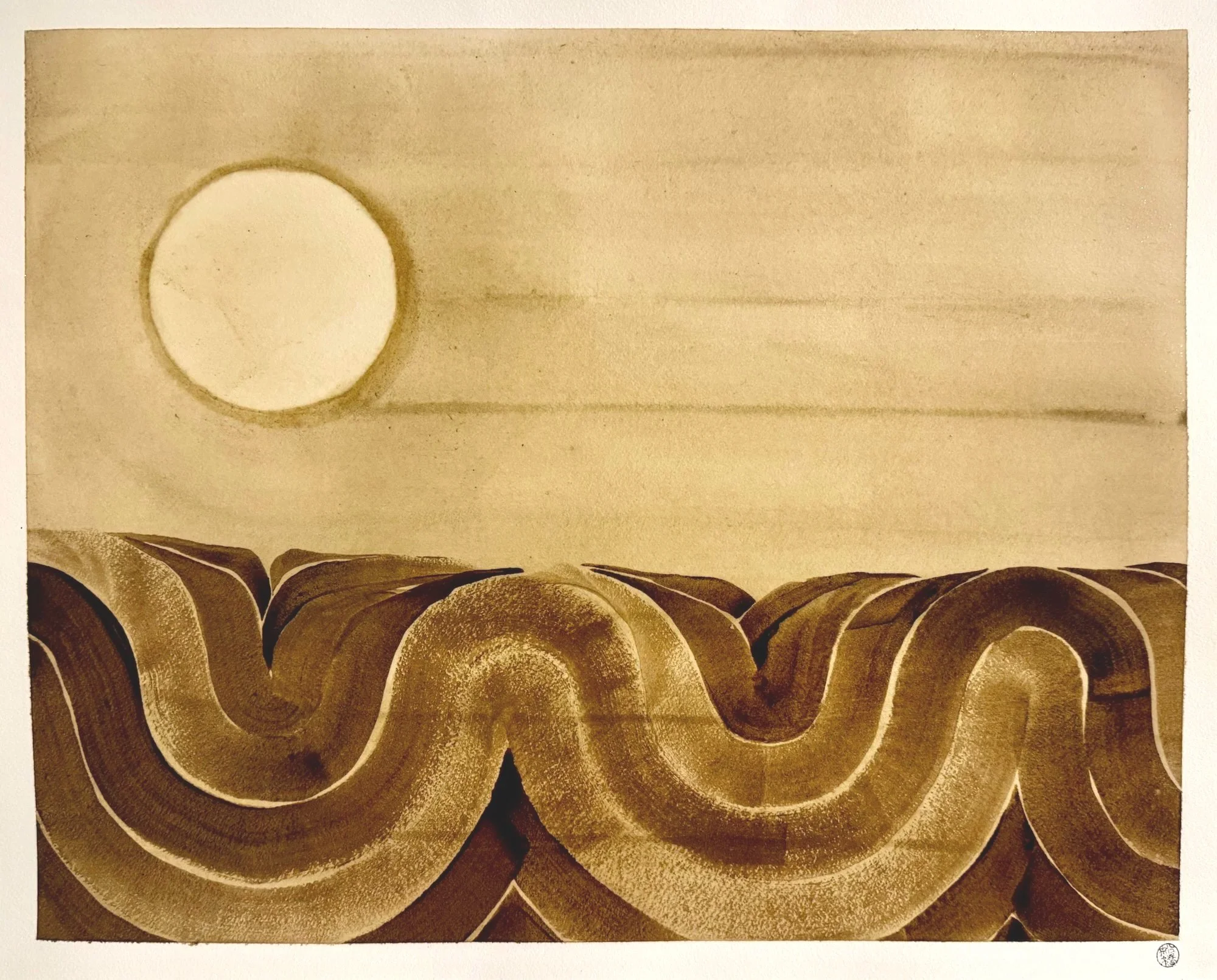 Original artisanal ink painting of moon over rolling ocean waves in black walnut ink, warm sepia palette.