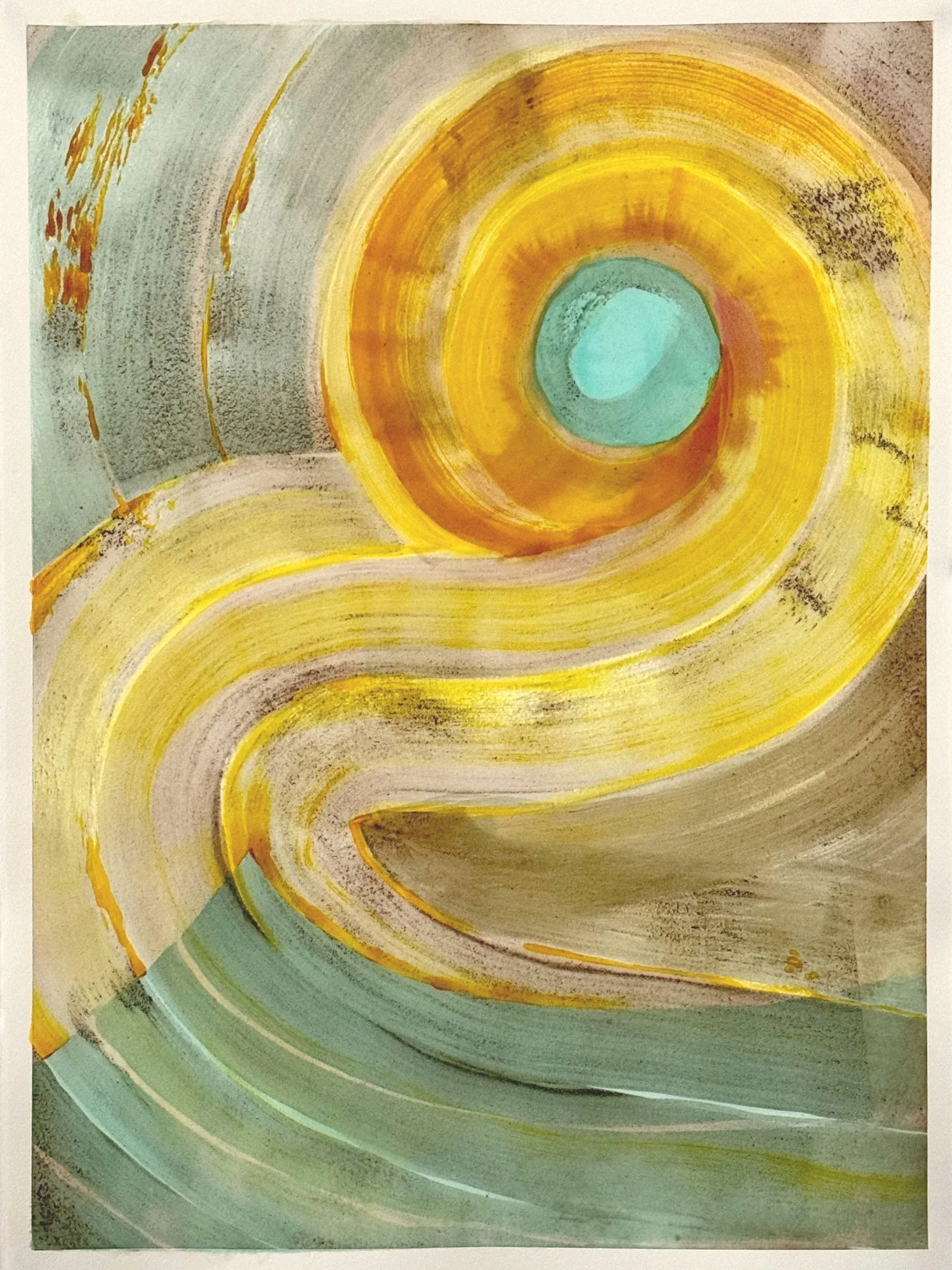 Original artisanal ink painting of a spiraling sun in turmeric and copper oxide with a sage-green wave. Kinetic, gestural.