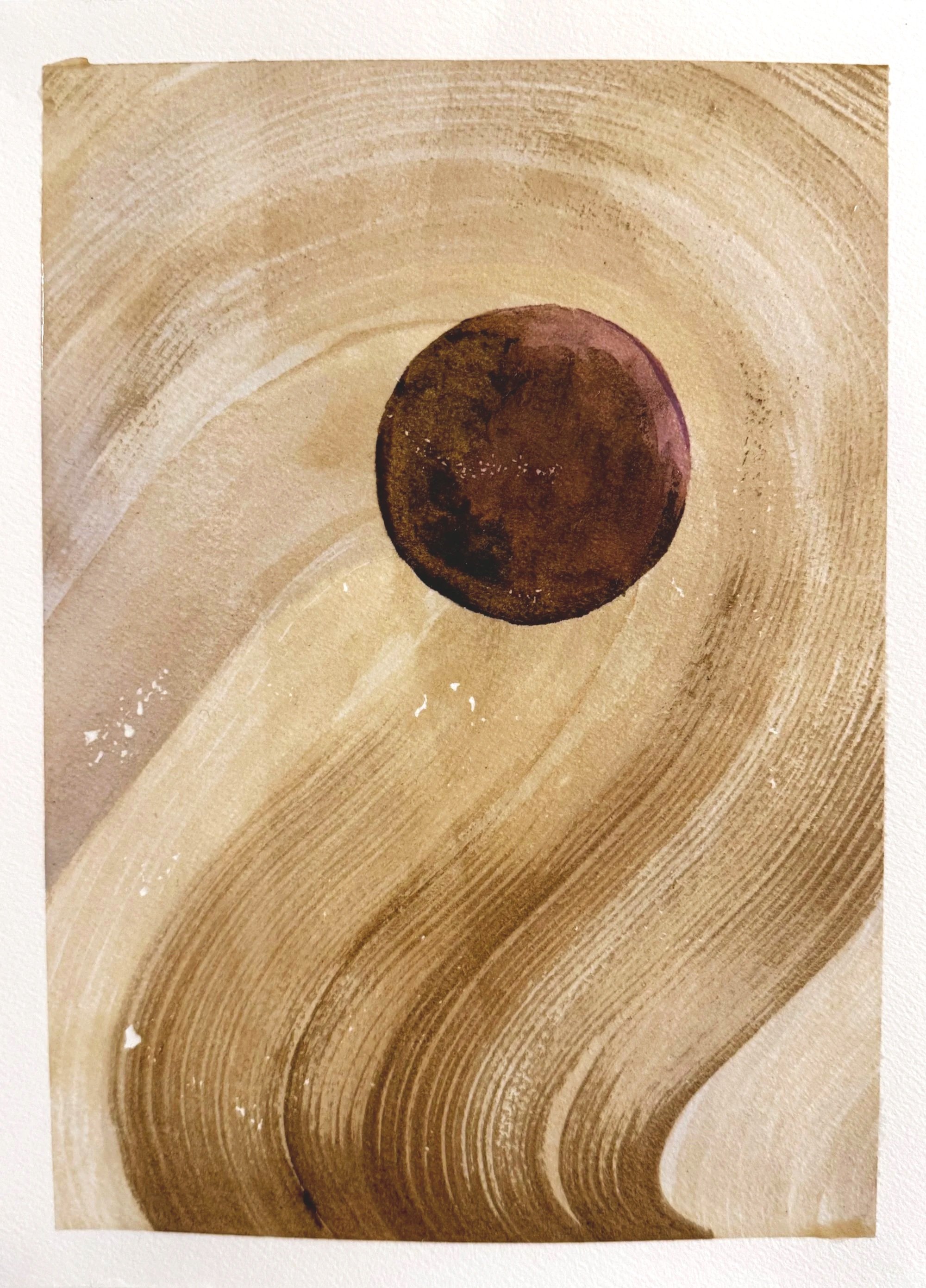 Original abstract artisanal ink painting of a soft acorn wave with a dark pokeberry orb. Minimal and contemplative.