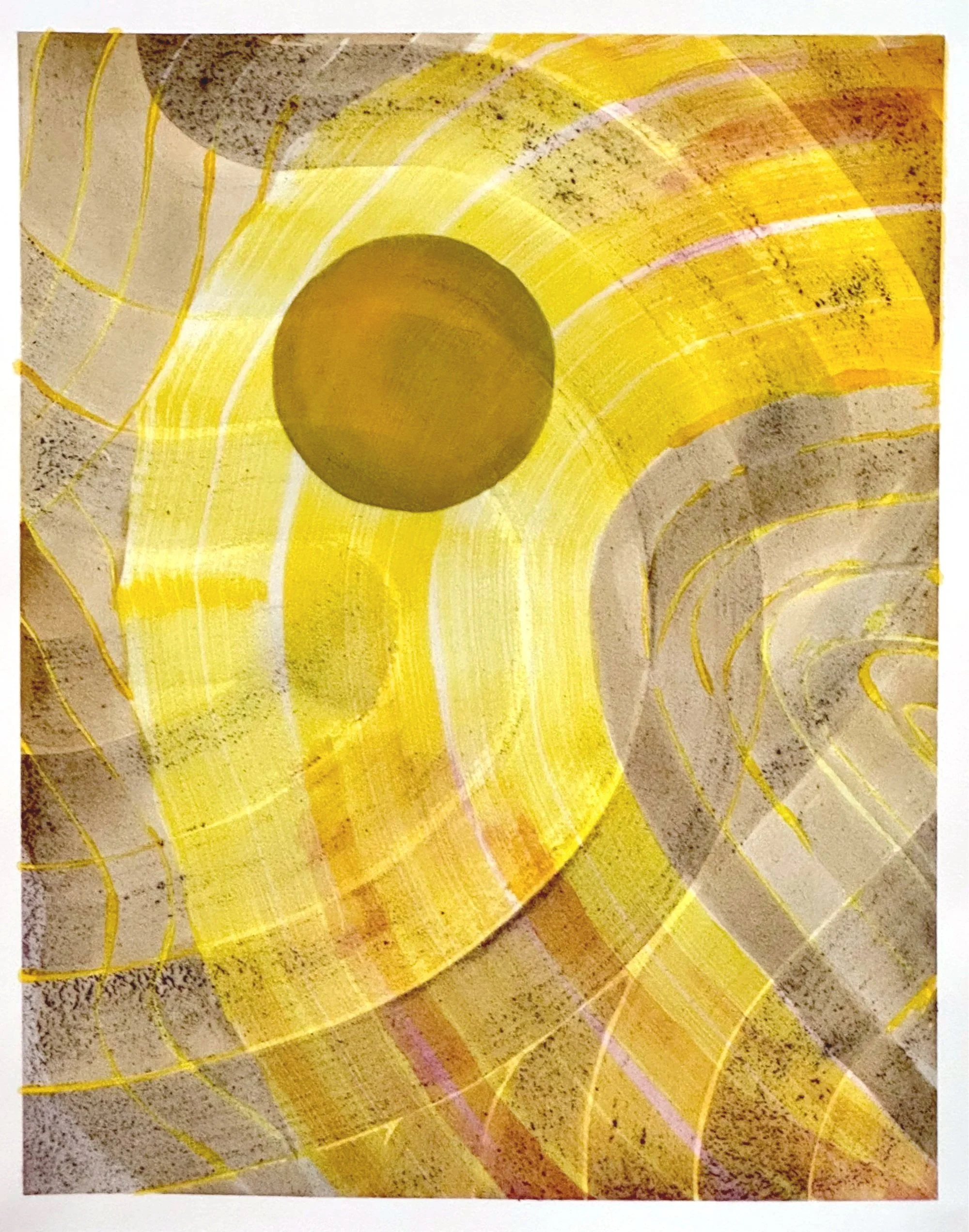 Original abstract artisanal ink painting of a radiant yellow turmeric halo with a dark acorn orb against a layered grey ground.