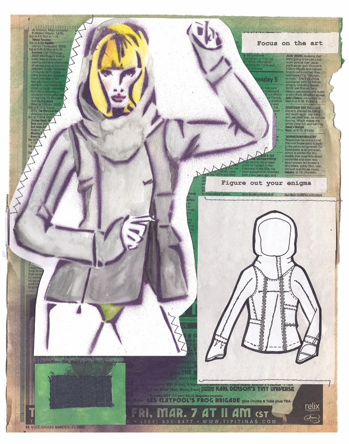 Focus on the Art — Mixed media fashion illustration with painted grey coat figure, hooded flat sketch, and layered editorial newsprint collage