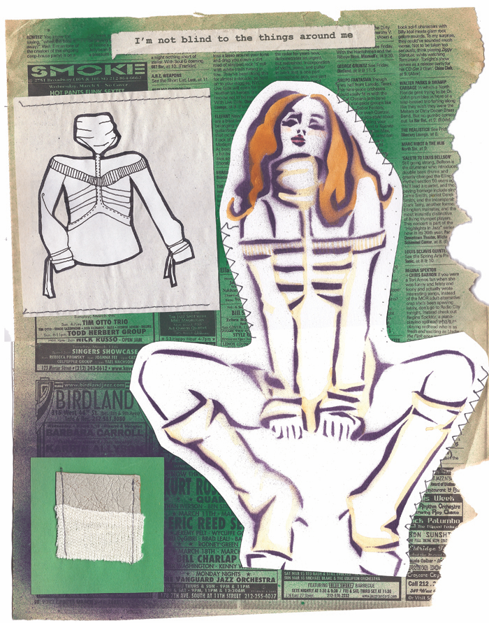 Not Blind to the Things Around Me — Stenciled fashion figure in striped garment with technical flat drawing and layered newsprint collage background