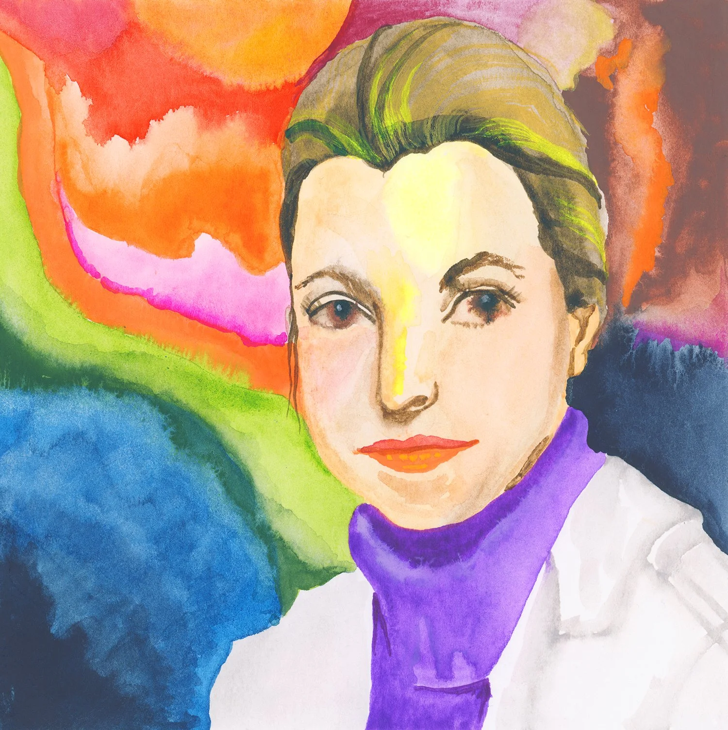 Watercolor portrait illustration of Helen Frankenthaler