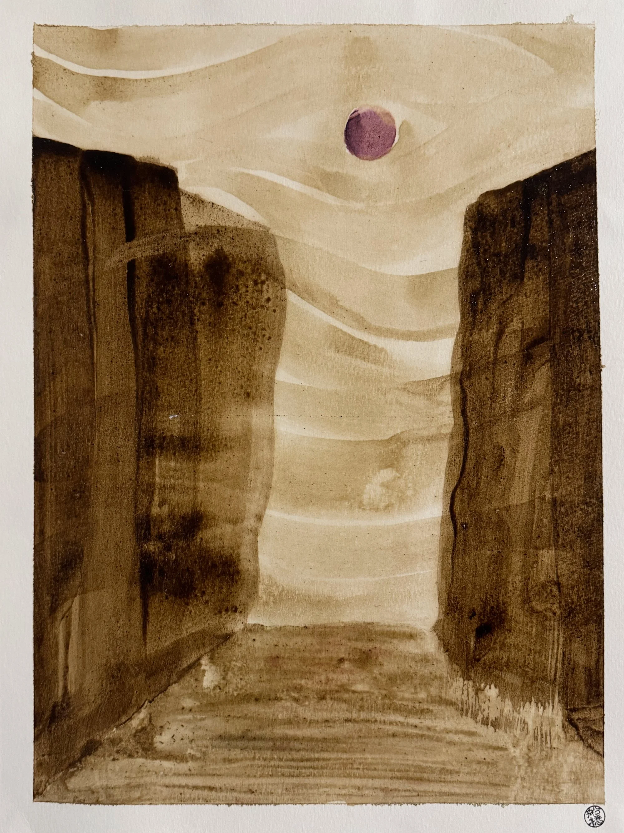 Original artisanal ink painting of canyon cliffs framing a pokeberry moon with a windswept sky, black walnut ink.