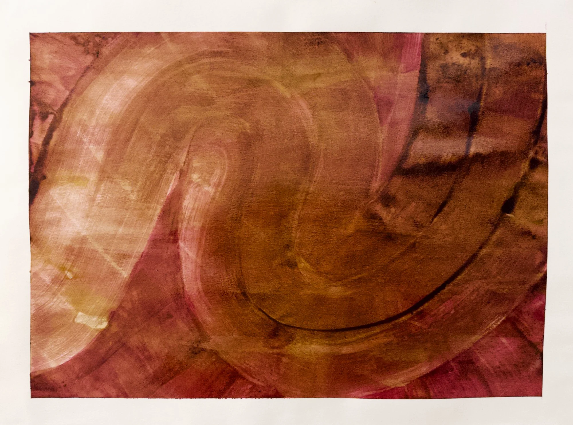 Original abstract artisanal ink painting of a large spiral vortex in pokeberry and acorn ink on a warm rose ground. Gestural and expansive.
