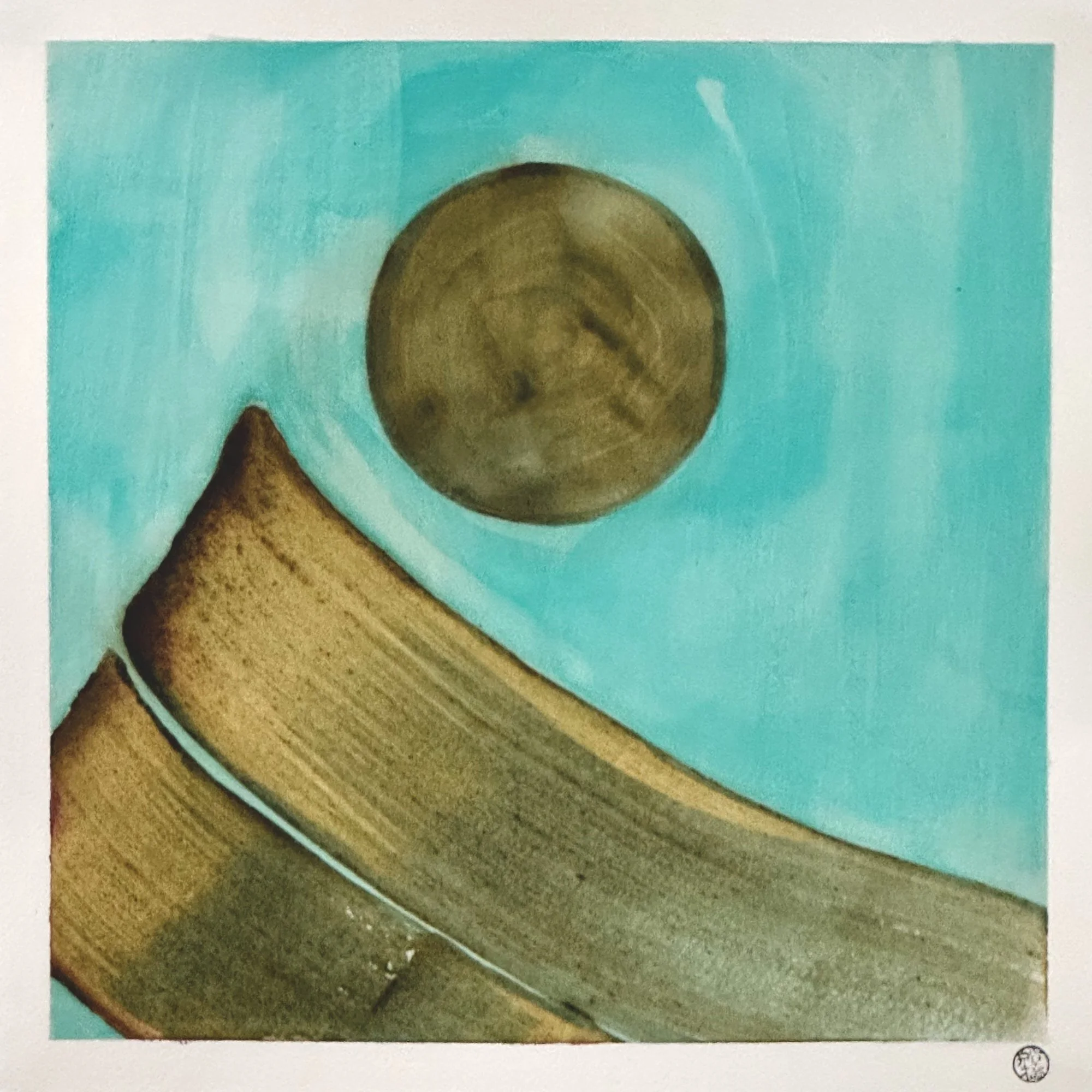 Original artisanal ink painting of a teal-sky mountain wave with a pokeberry moon, copper oxide and acorn ink.