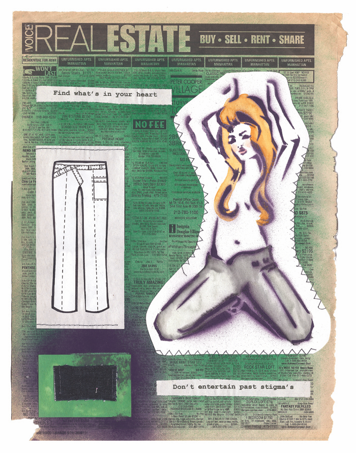 Find What's in Your Heart — Stenciled fashion figure with long hair, technical trouser flat sketch, and typewritten text on real estate newsprint collage