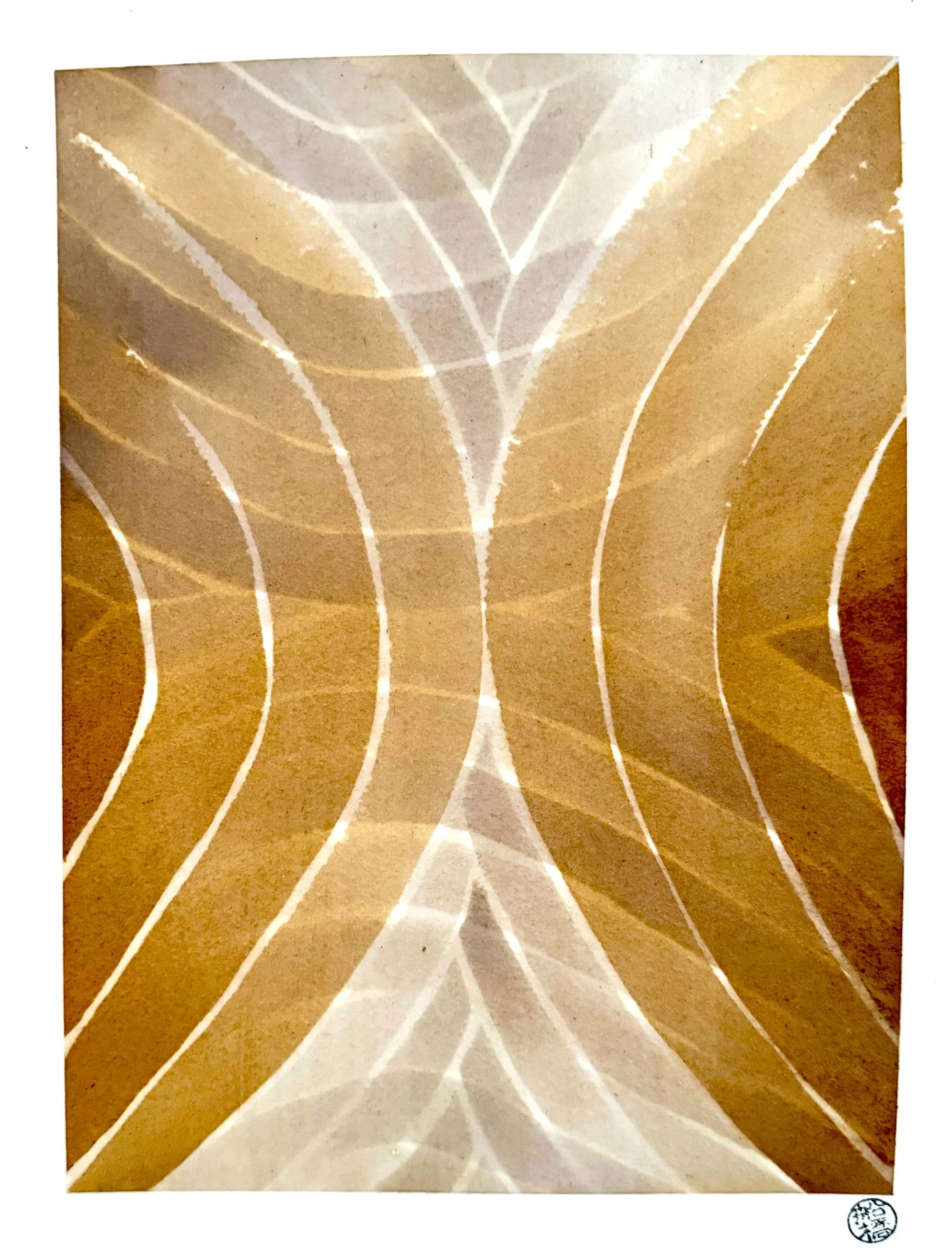 Original abstract artisanal ink painting of mirrored arcs forming an hourglass in warm acorn and grape ink. Deckled paper edge visible, intimate scale.