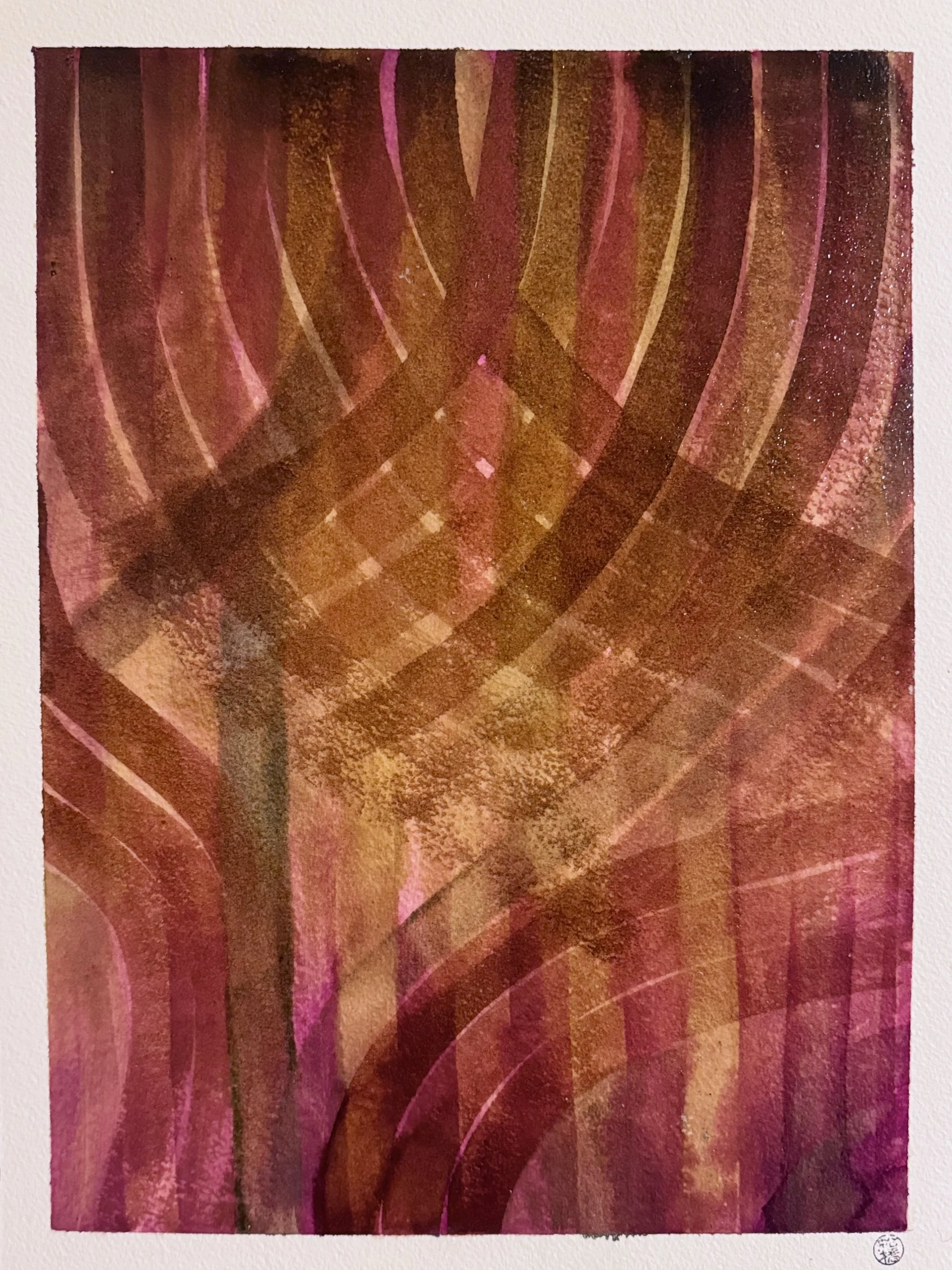 Original abstract artisanal ink painting of layered curves and grid marks in pokeberry and black walnut ink on a deep magenta ground.
