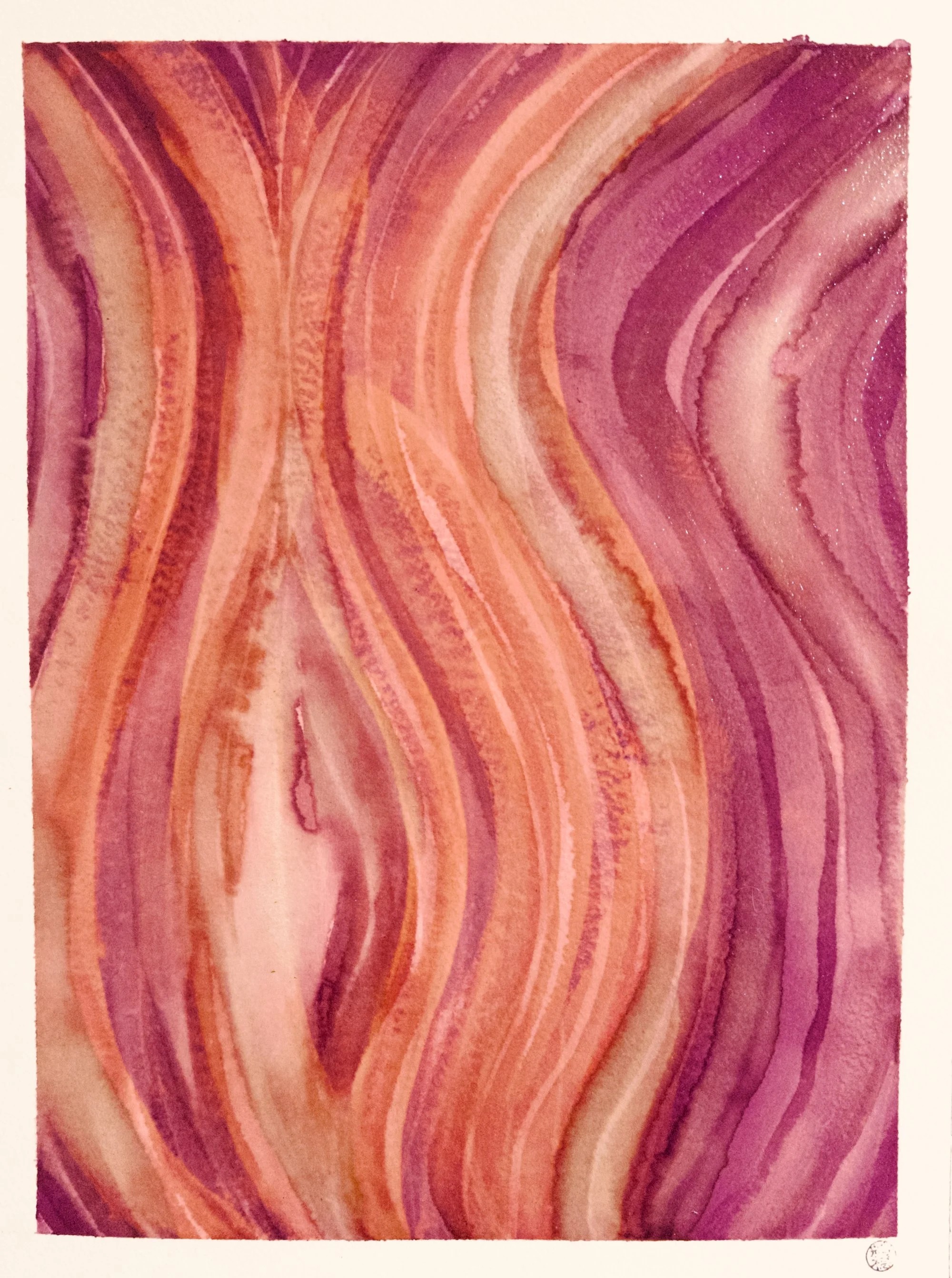
Original abstract artisanal ink painting of vertical undulating waves in avocado and pokeberry ink. Luminous, full-field composition.

