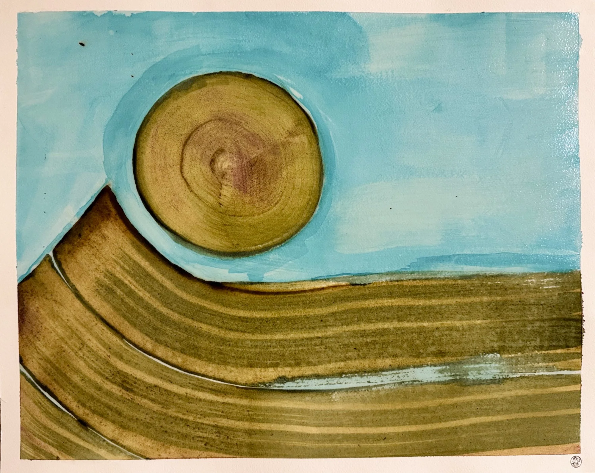 Original artisanal ink painting of sun and rolling wave in copper oxide and acorn ink on a blue-green ground.