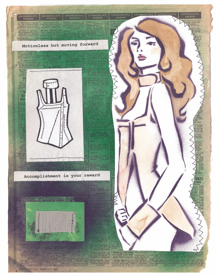 Motionless But Moving Forward — Mixed media fashion illustration with stenciled figure, structured vest flat sketch, and typewritten text on newsprint collage