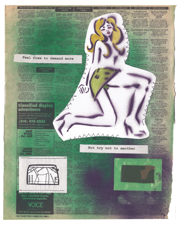 Feel Free to Demand More — Stenciled female figure with watercolor green detail, ink flat sketch, and typewritten text on newsprint collage