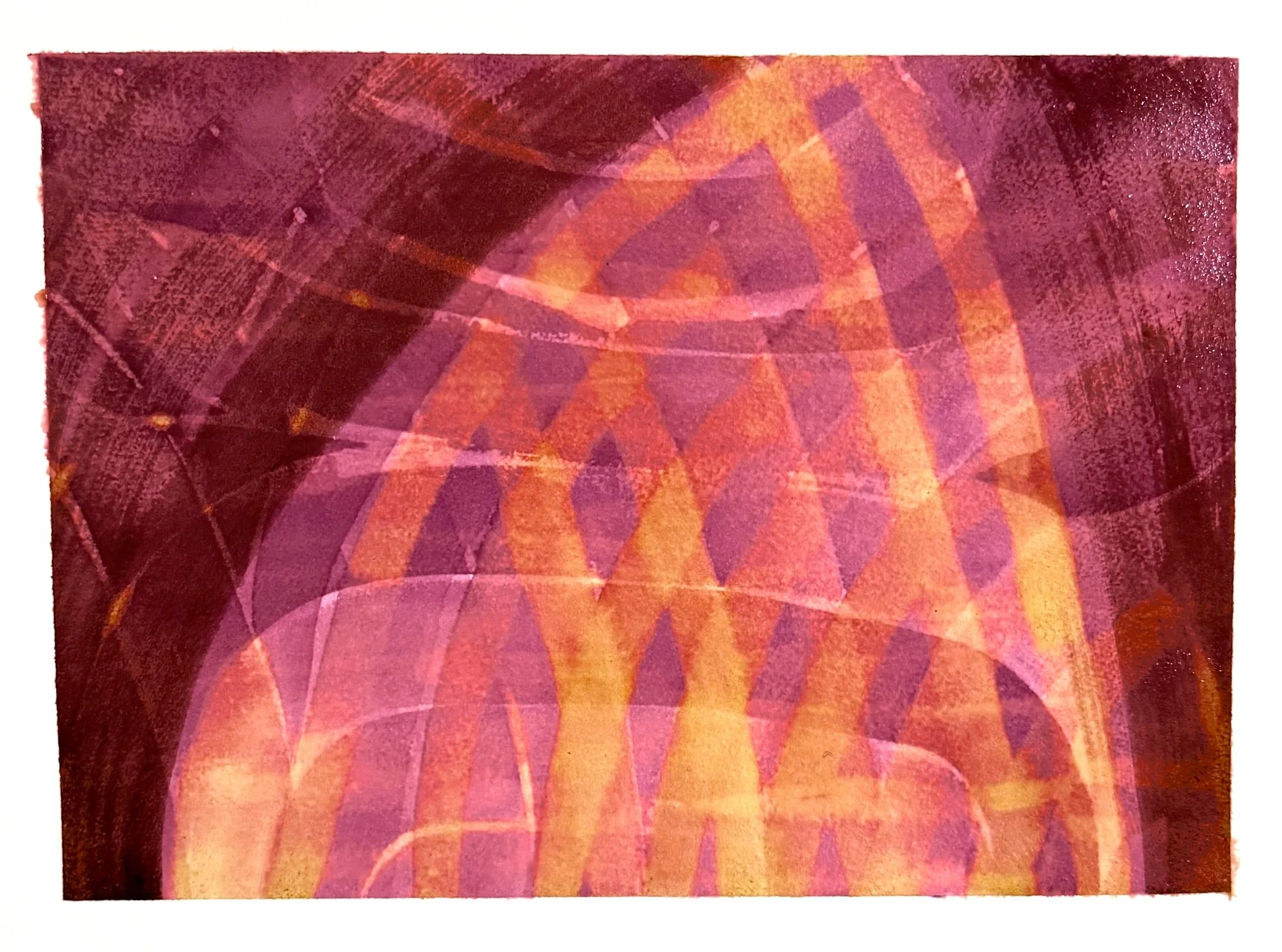 Original abstract artisanal ink painting of arched forms overlaid with a grid in pokeberry and acorn ink. Dense, layered composition.