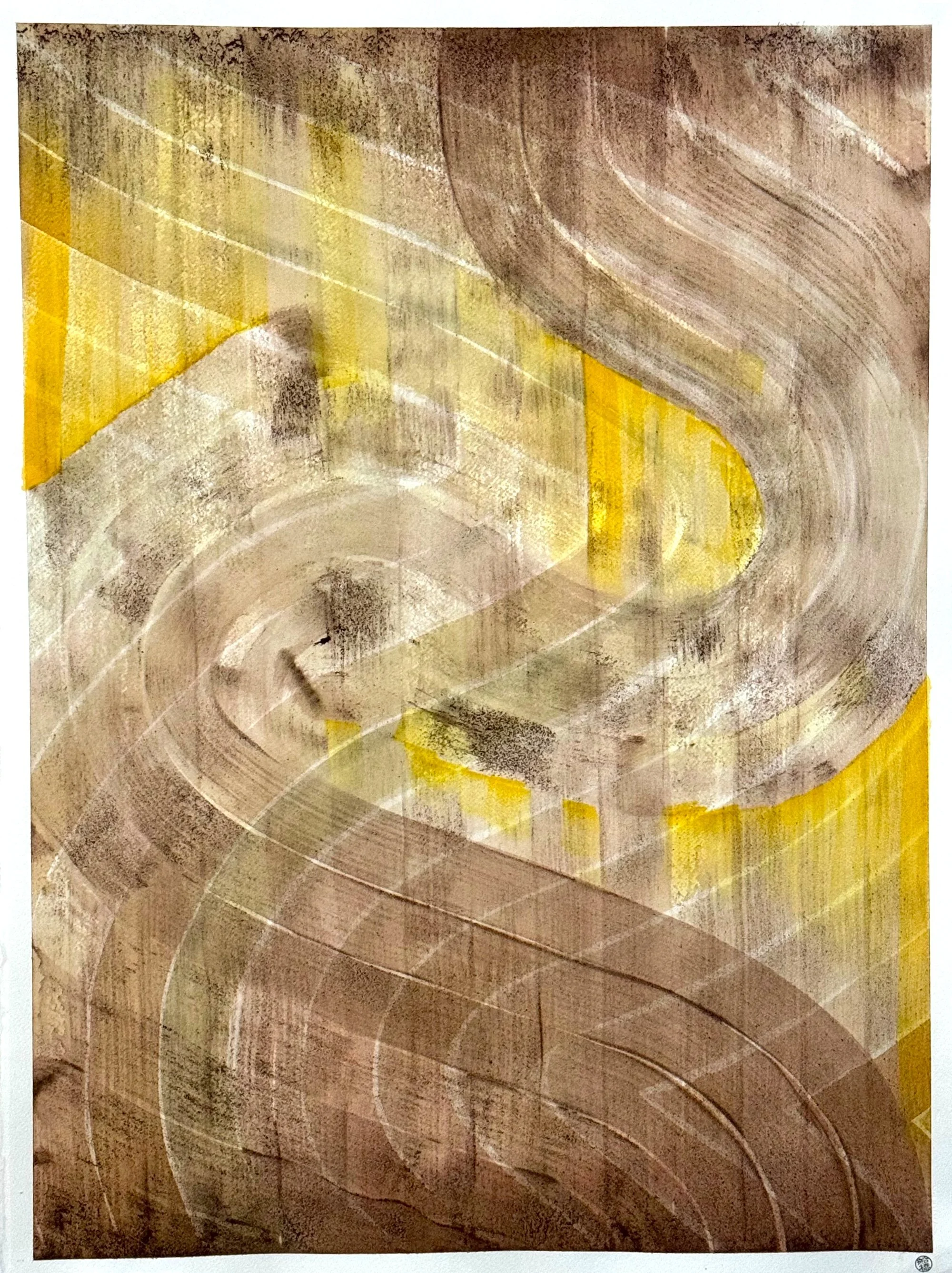 Original abstract artisanal ink painting of a swirling vortex in acorn and turmeric ink with a yellow grid overlay on a grey ground.