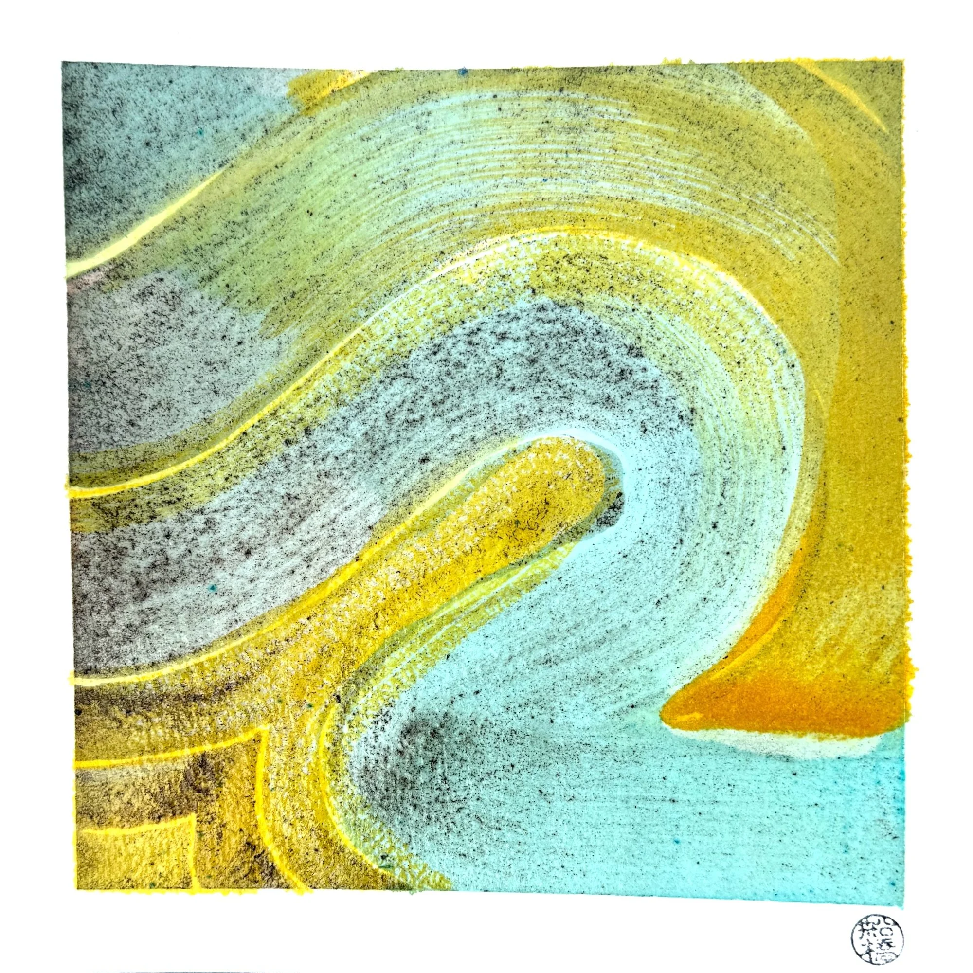 Original abstract artisanal ink painting of a sweeping spiral in turmeric and copper oxide ink over a teal ground. Speckled black walnut texture throughout. Square format.