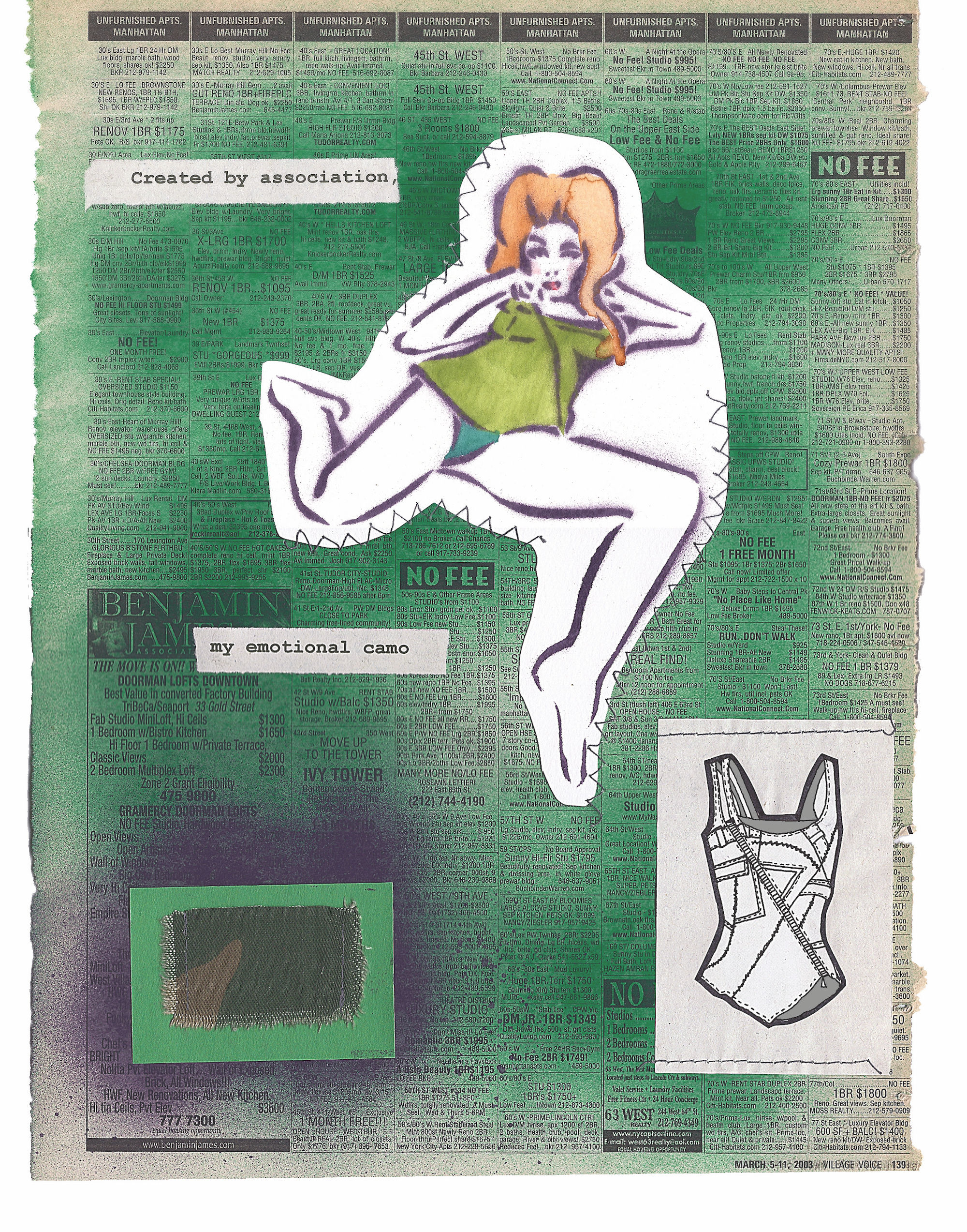 Created by Association — Mixed media fashion illustration with stenciled figure, watercolor, and typewritten text on found newsprint collage