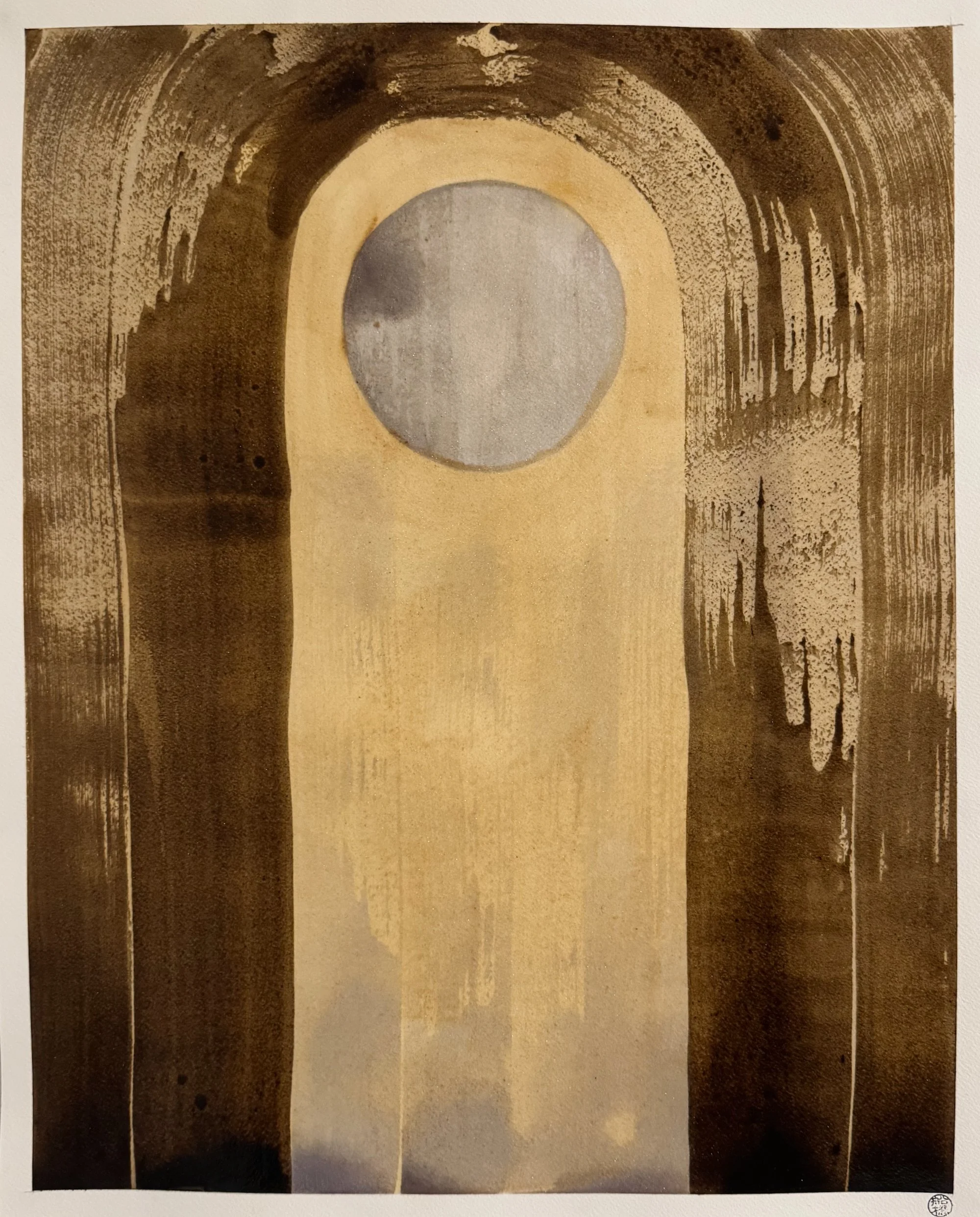 Original artisanal ink painting of a cathedral arch with a grey moon, made with black walnut ink. Dark, gestural marks.
