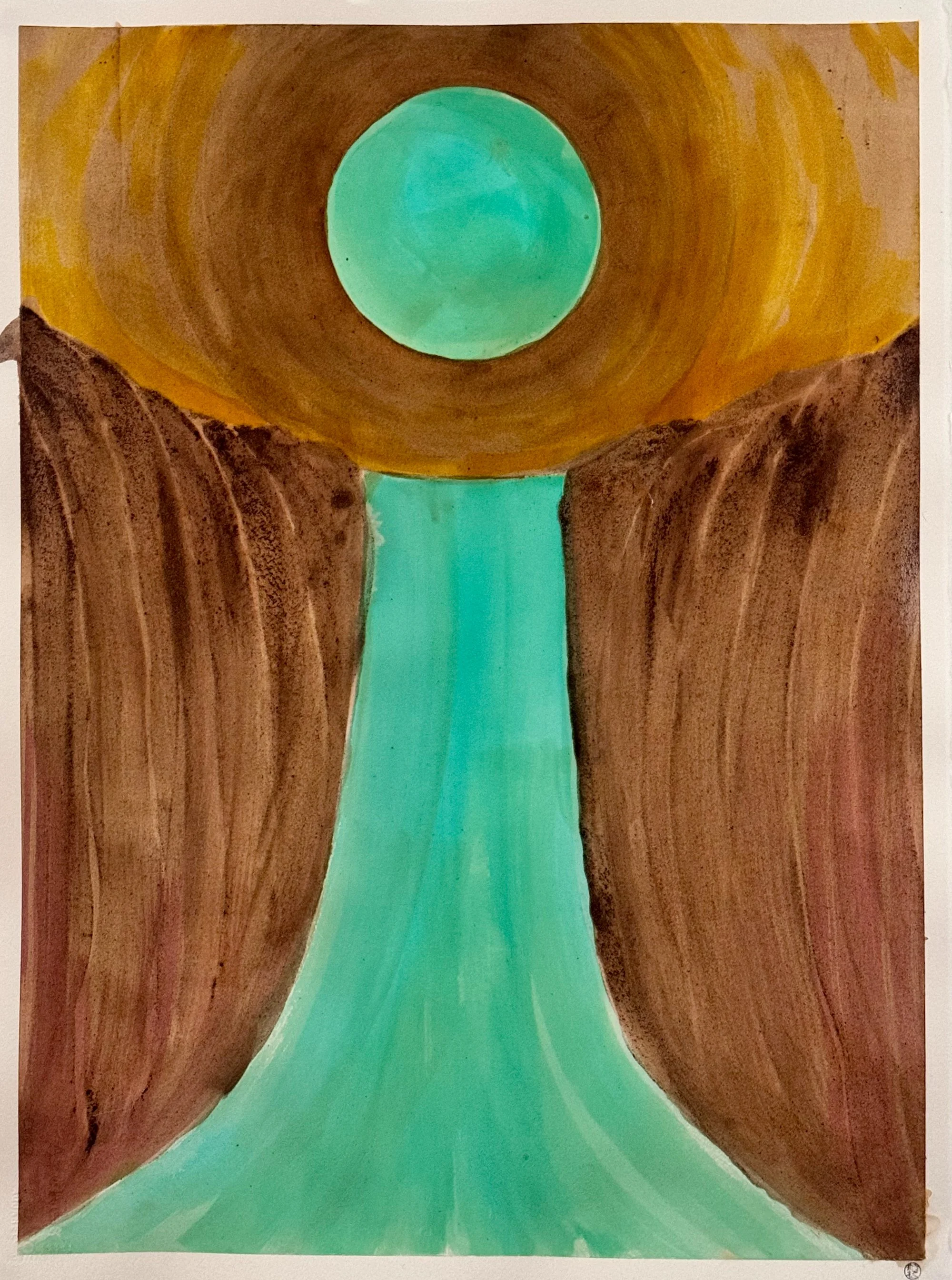 Original artisanal ink painting of a golden sun above dark cliffs and teal waterfall in buckthorn and copper oxide ink.