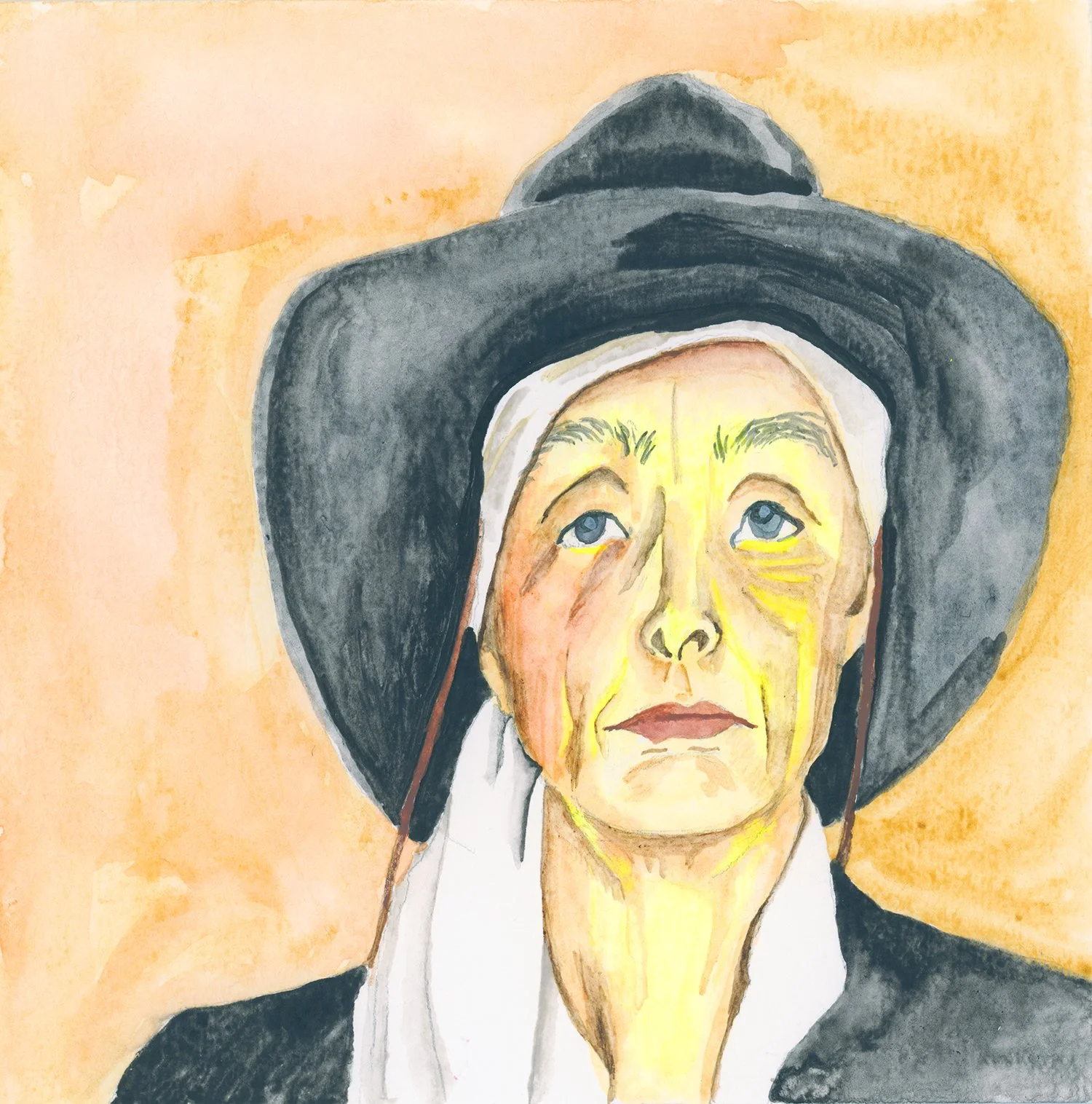 Watercolor portrait illustration of Georgia O'Keeffe