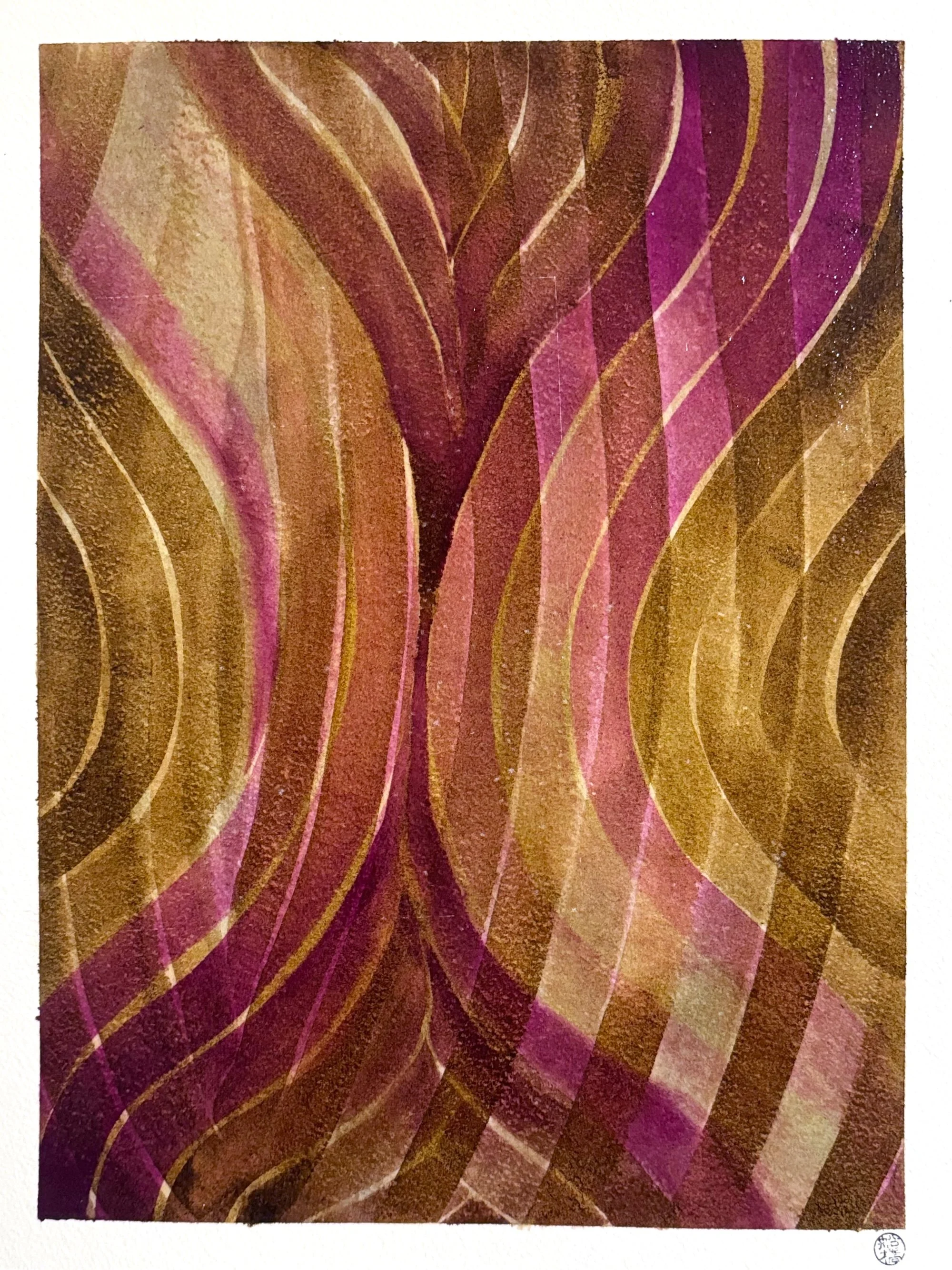 Original abstract artisanal ink painting of symmetrical hourglass wave forms in pokeberry and black walnut ink. Rhythmic, pattern-like composition.